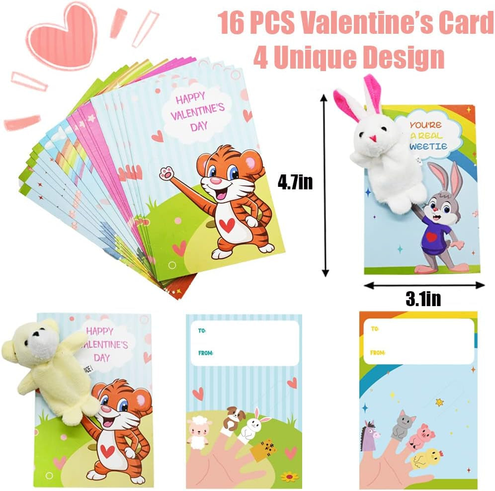 Valentines Day Cards for Kids, 16 Packs Animal Finger Puppet with Valentines Day Card, Plush Finger Puppet Valentines Sets for Kids Classroom Exchange Prizes, Valentine’S Greeting Cards