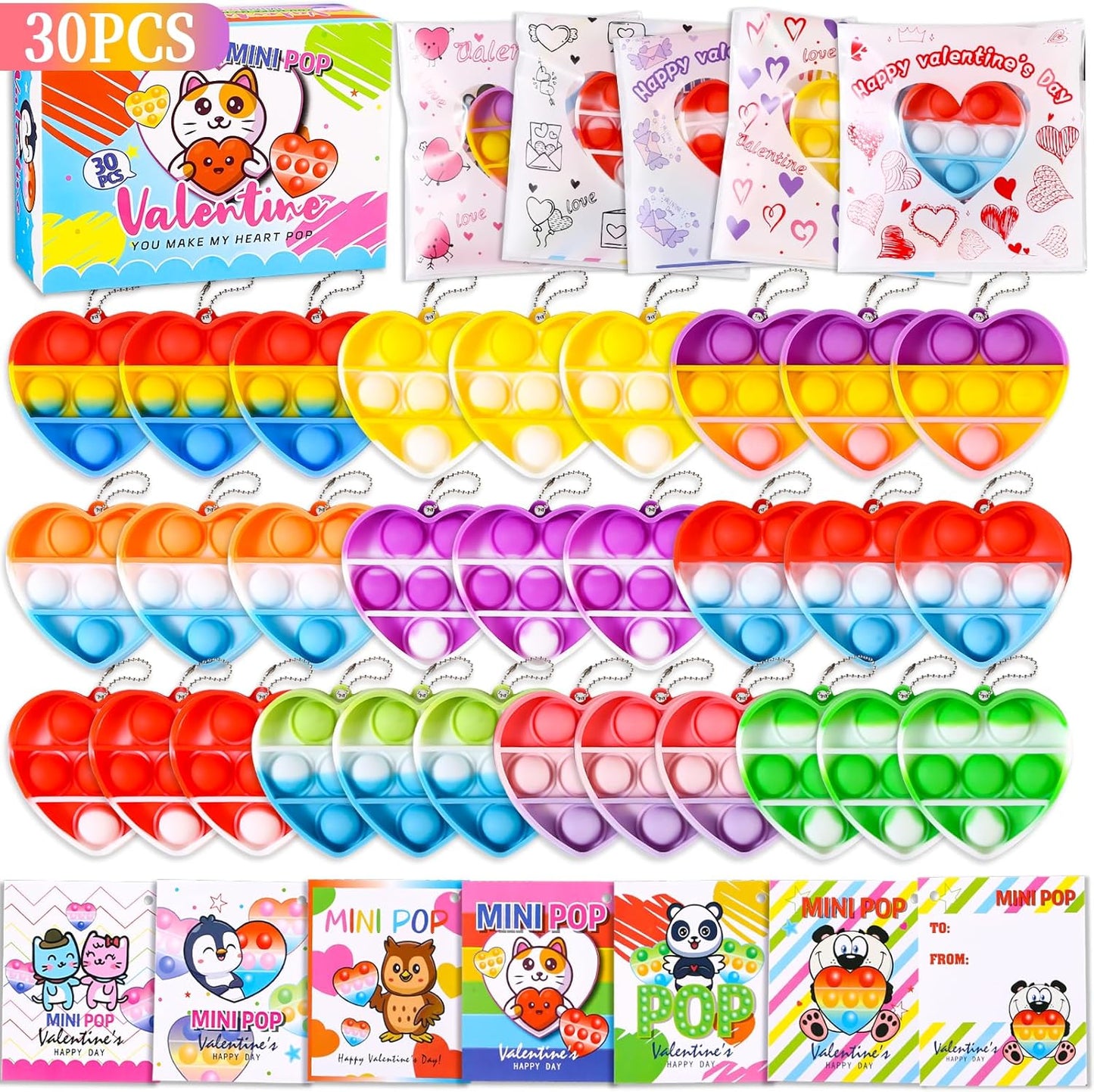 30 PCS Valentines Day Gifts Card for Kids, Valentine Heart Mini Pop Exchanging Gift Classroom Prizes, Valentines Party Favors Pop Fidget Toys, Heart Bubbles Pop School Prize Party Supplies