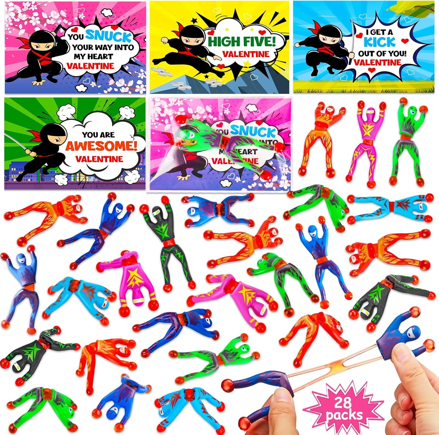 28 Packs Valentines Day Cards for Kids Classroom School with Sticky Wall Climbing Men Ninja Toys Valentine Party Favor for Boy Girl Birthday Goodie Bag Stuffers Class Prize Bulk Exchange Gifts