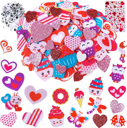 Assorted Valentine'S Day Stickers Embellishments Craft Smile Face Heart Cupcake Owl Bee Sweet Shaped Cutouts Felt Stickers Glitter Heart Foam Stickers for Kids Scrapbooking Cards Decoration