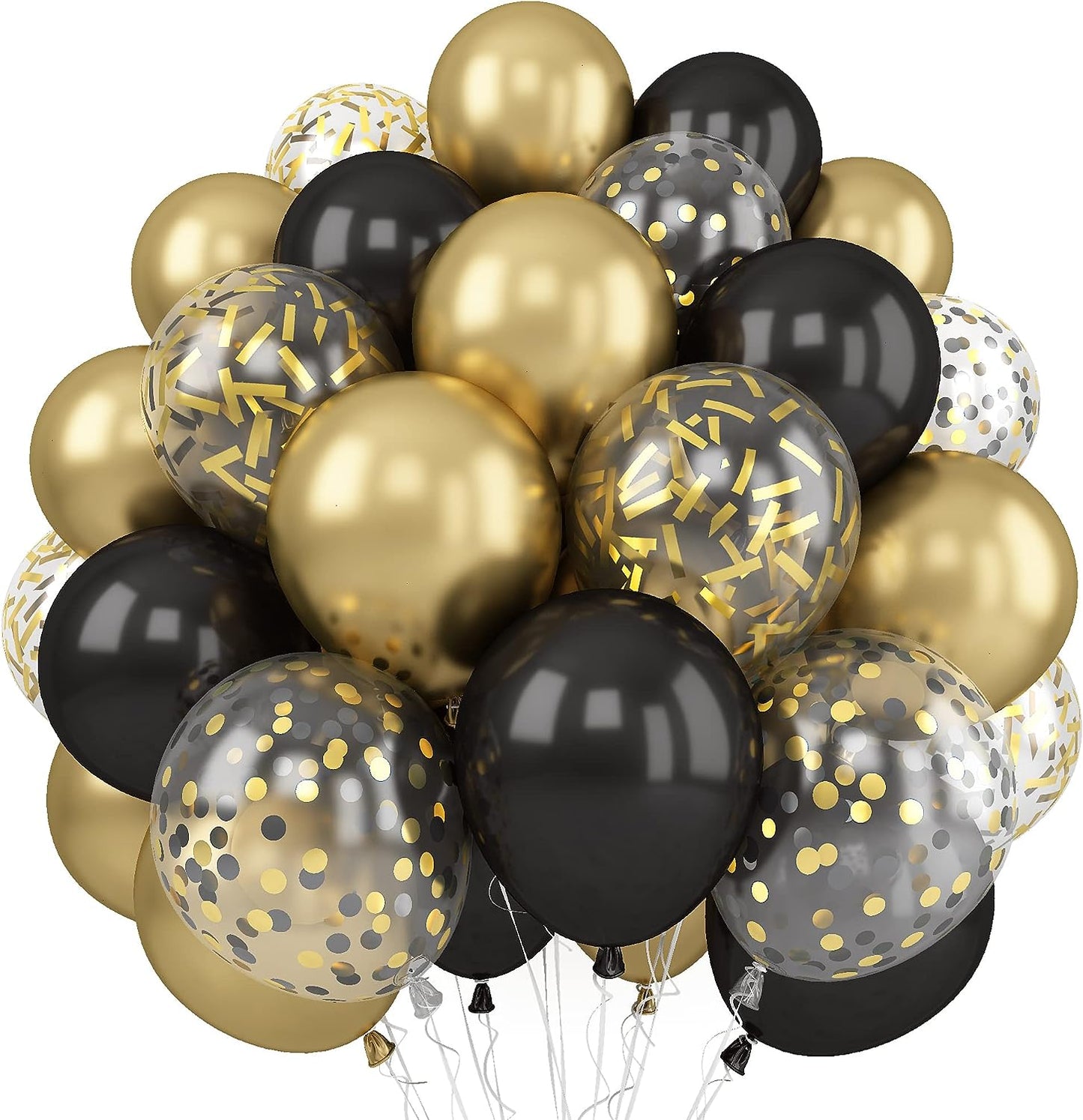 Balloons Black Gold, 60 Packs 12 Inch Black Metallic Chrome Gold Latex Balloons with Gold Confetti Balloon for Men Women Birthday Wedding Baby Shower Celebration Anniversary Decorations