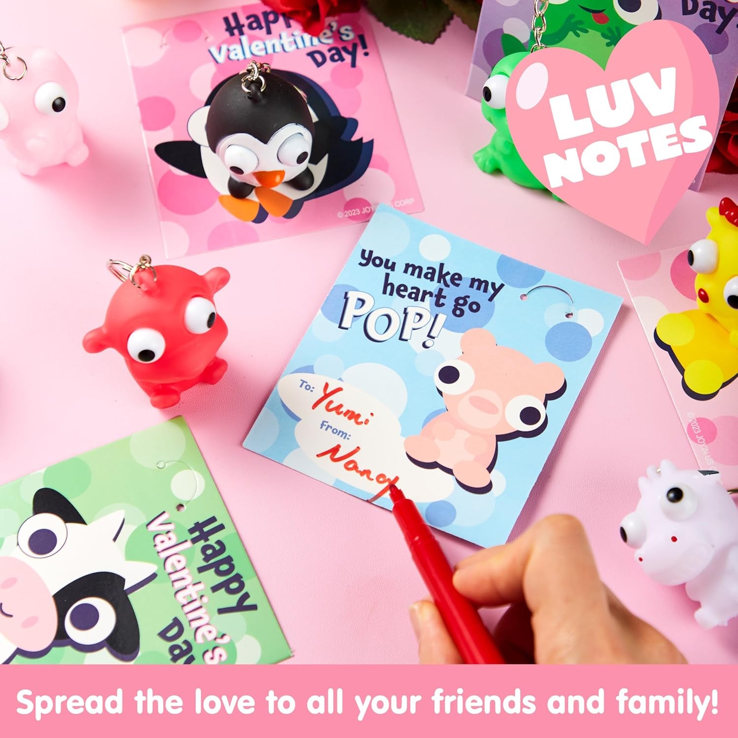 28 Packs Valentine'S Day Gifts Card with Unzip Popping Eyes Animal Keychains for Kids Party Favor, Classroom Exchange Prizes, Valentine’S Greeting Cards