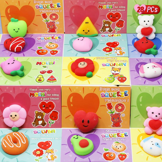 28 Packs Valentines Day Gift Cards with Cute Kawaii Mochi Squishy to Squeeze for Kids School Classroom Valentine’S Exchange Greeting Cards Party Favors