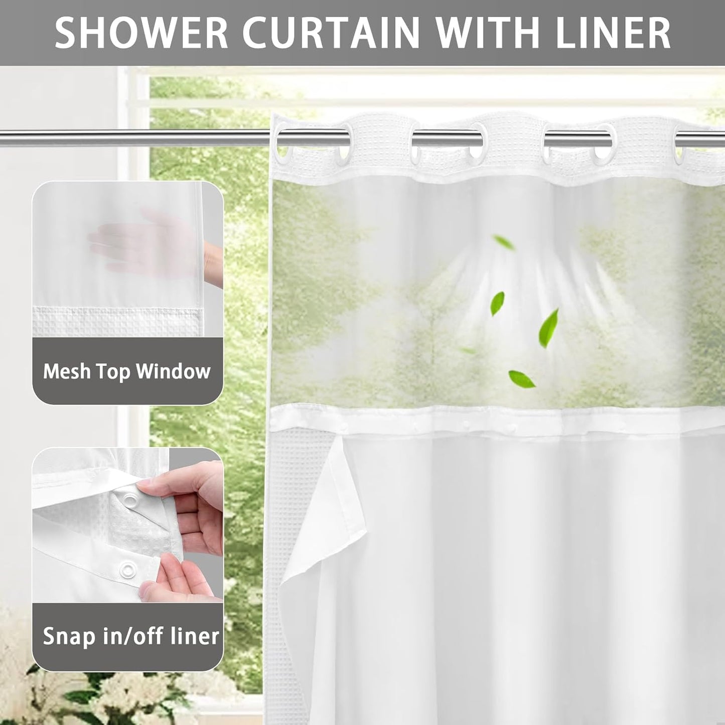 No Hook Shower Curtain with Snap in Fabric Liner Set Less Time White Waffle Shower Curtain for Bathroom 75" L X 72" W