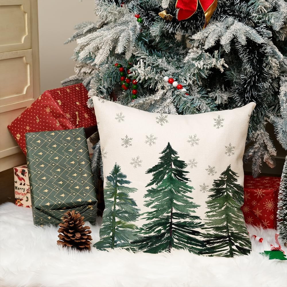 Christmas Pillow Cover 18X18 Inch Christmas Trees Snowflake Decorations Winter Pillow Case Decor for Home Sofa Couch（Green） AA038-18