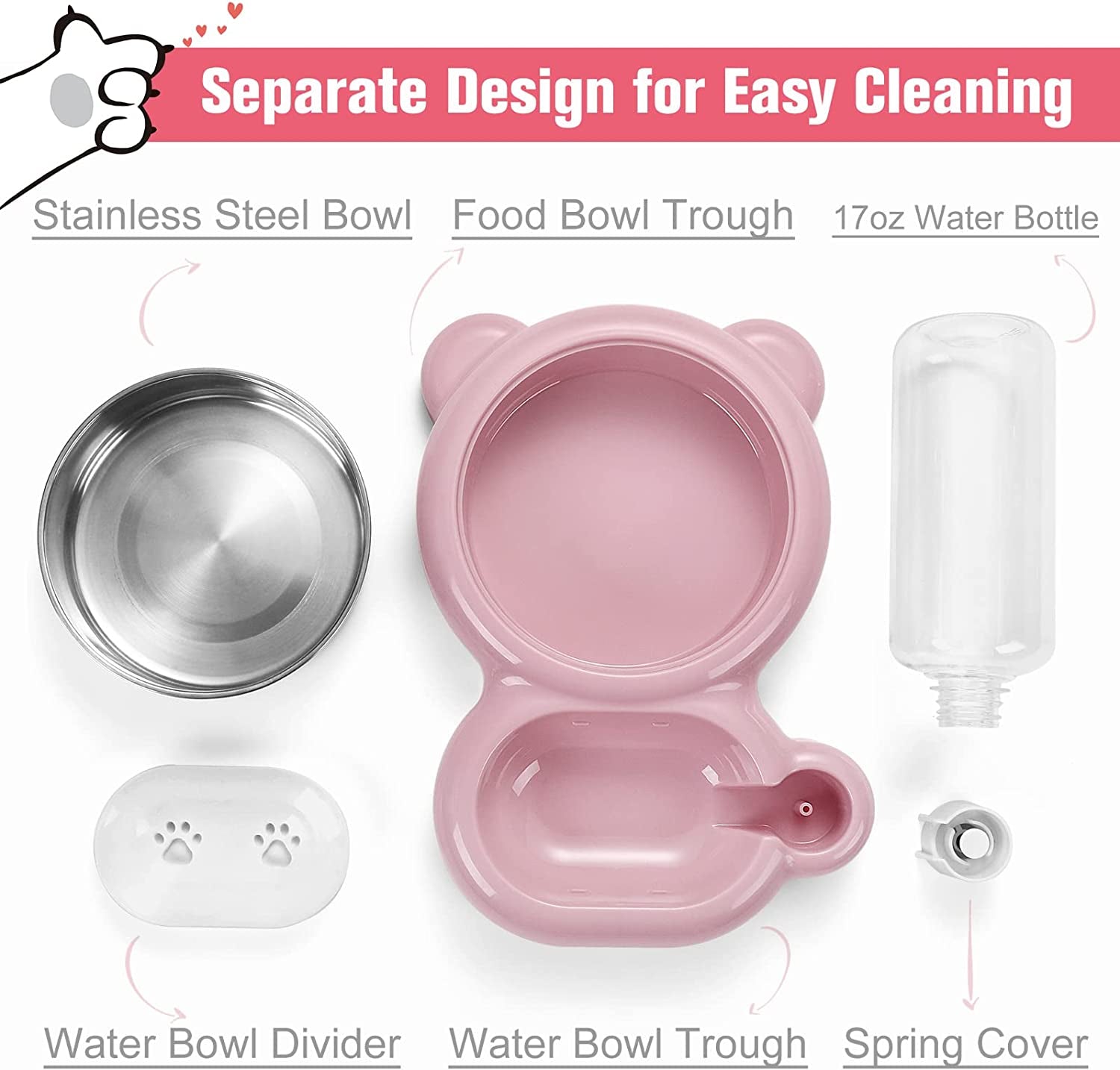 Dog Bowls, Cat Food and Water Bowl Set with Water Dispenser and Stainless Steel Bowl for Cats and Small Dogs - Pink