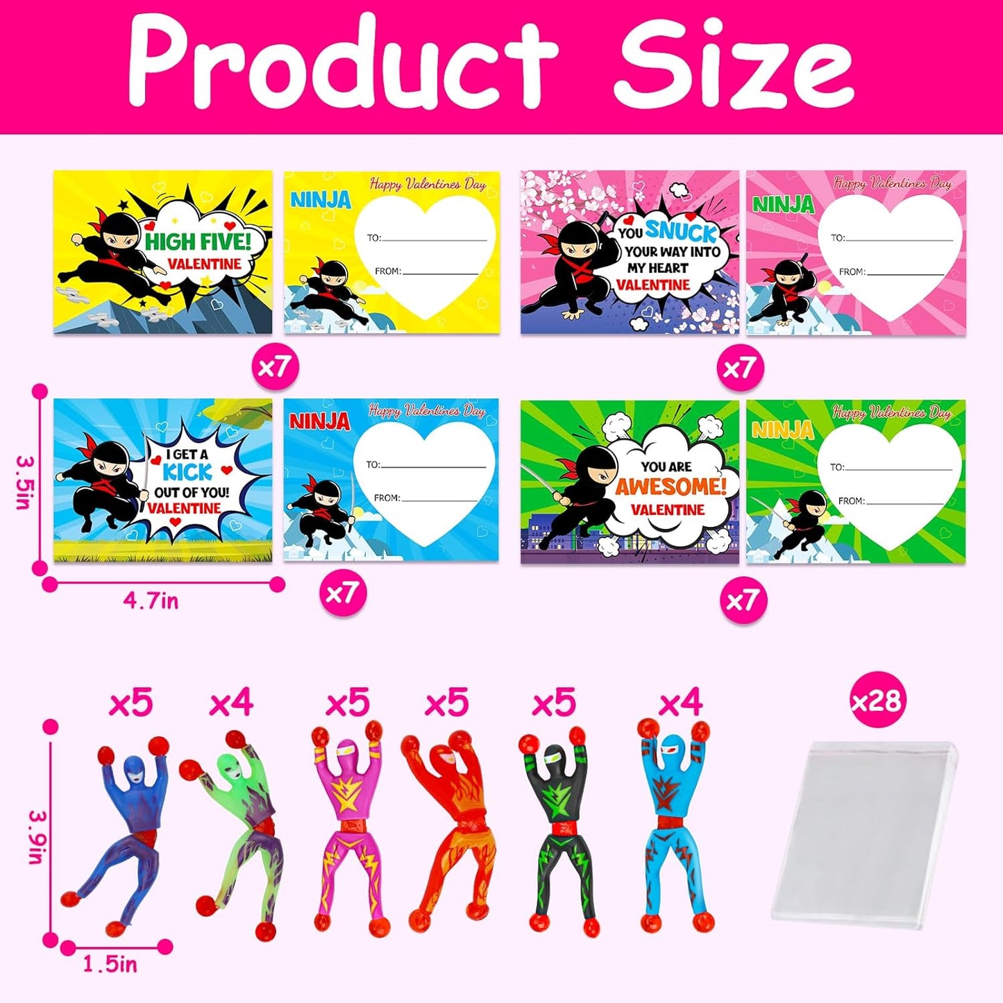 28 Packs Valentines Day Cards for Kids Classroom School with Sticky Wall Climbing Men Ninja Toys Valentine Party Favor for Boy Girl Birthday Goodie Bag Stuffers Class Prize Bulk Exchange Gifts