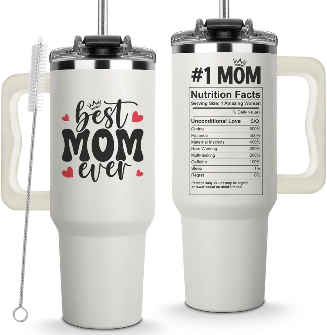 Valentine Gifts for Mom - Best Mom Ever Tumbler 40Oz - Insulated Coffee Cup with Handle and Straw - Mama Travel Cup - Birthday Presents for Mommy - Water Cup from Daughter - Mother'S Day Gift