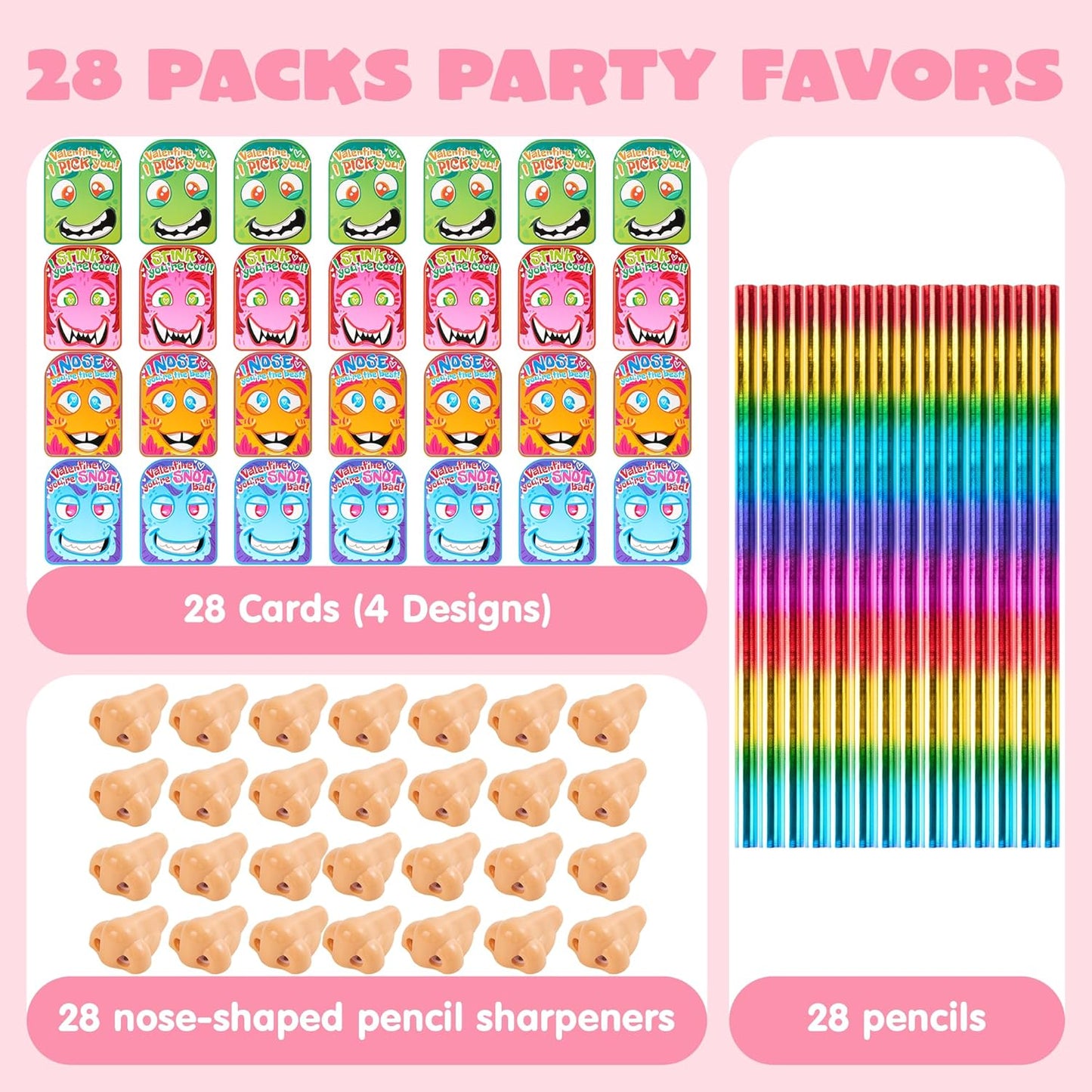 28PCS Valentines Day Stationery Kids Gift Set, Funny Nose Cards and Pencils Perfect for Classroom Exchange, Party Favor Holiday Reward Prizes