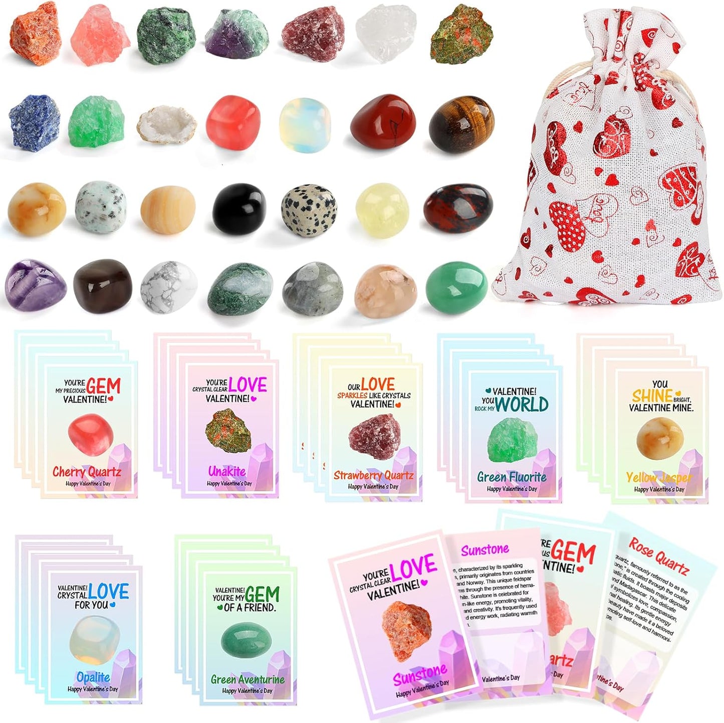 Valentines Day Gifts for Kids - 28 Pack Valentine Day Exchange Cards & Natural Gemstone Crystals Rocks Minerals Bulk,Valentines Day Cards for Boys Girls Classroom Party Favors