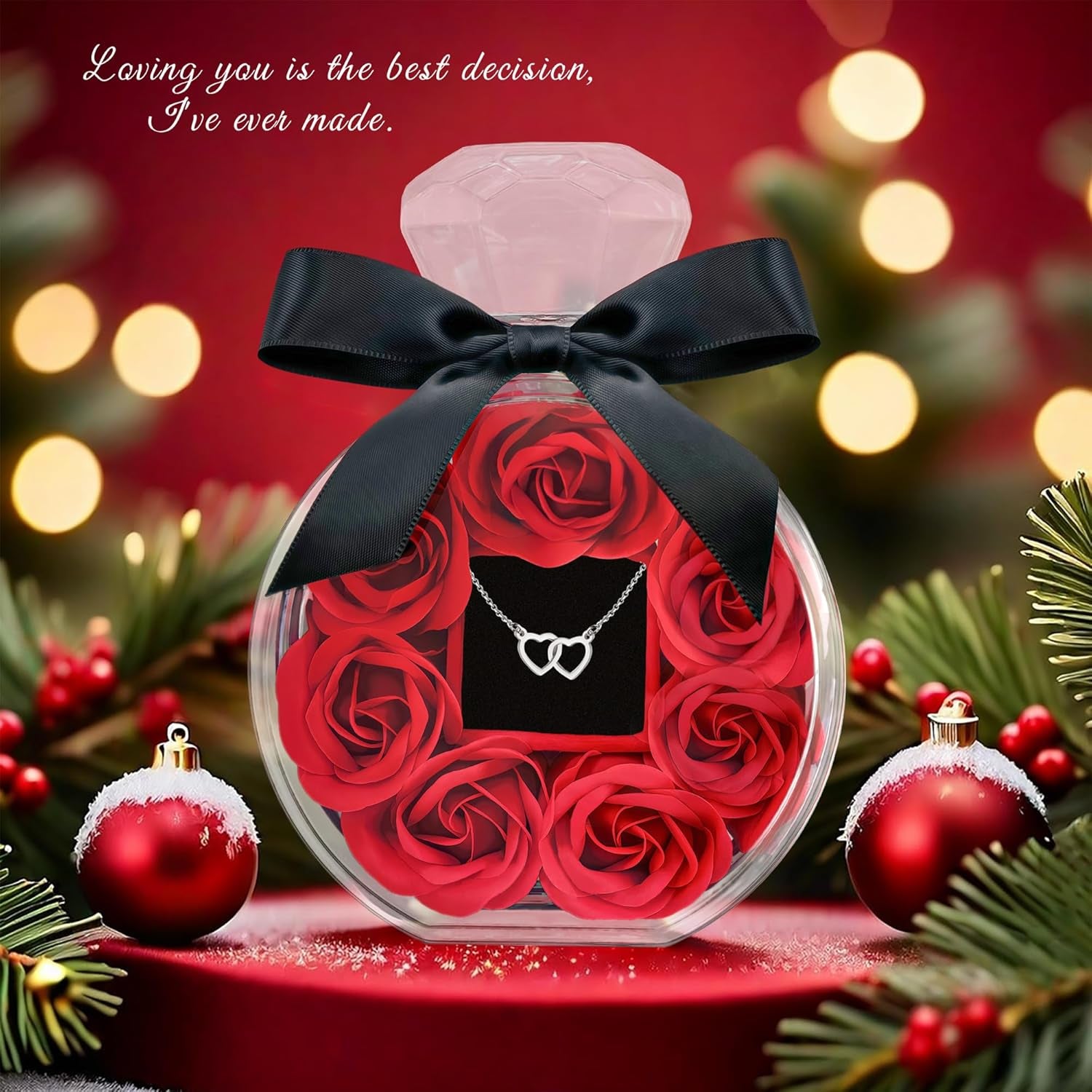 Rose Box with Necklace Artificial Preserved Flower Valentines Mothers Day for Girlfriend Mom Birthday Anniversary Personalized Romantic Gifts(Red)