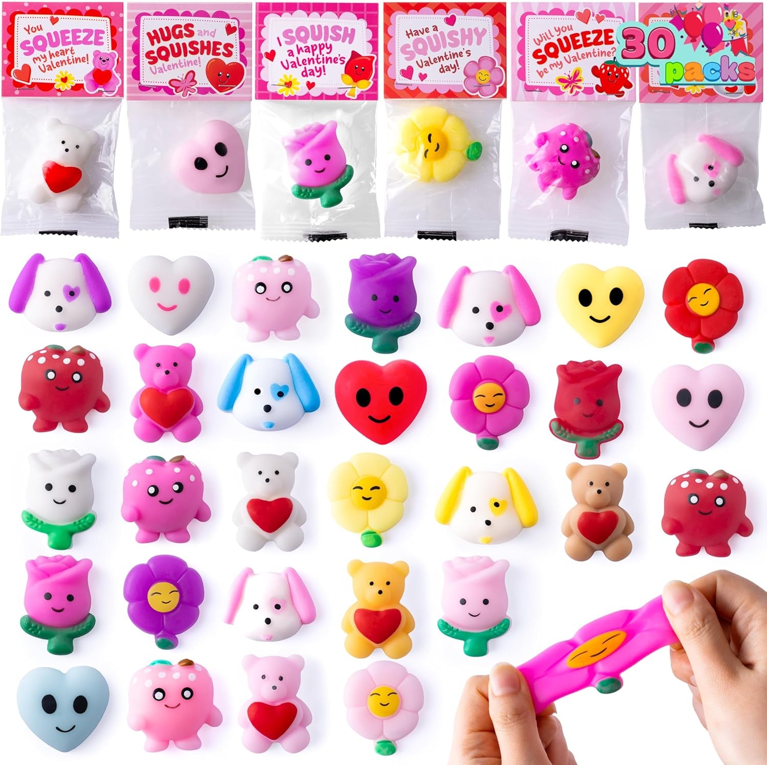 30 Packs Valentine’S Day Gift Cards with Mochi Squishy Toys, Kawaii Squeeze Toys with 6-Design Hangers, Stress Relief Fidget Toys for Kids Valentine'S Party Favors, School Classroom Exchange