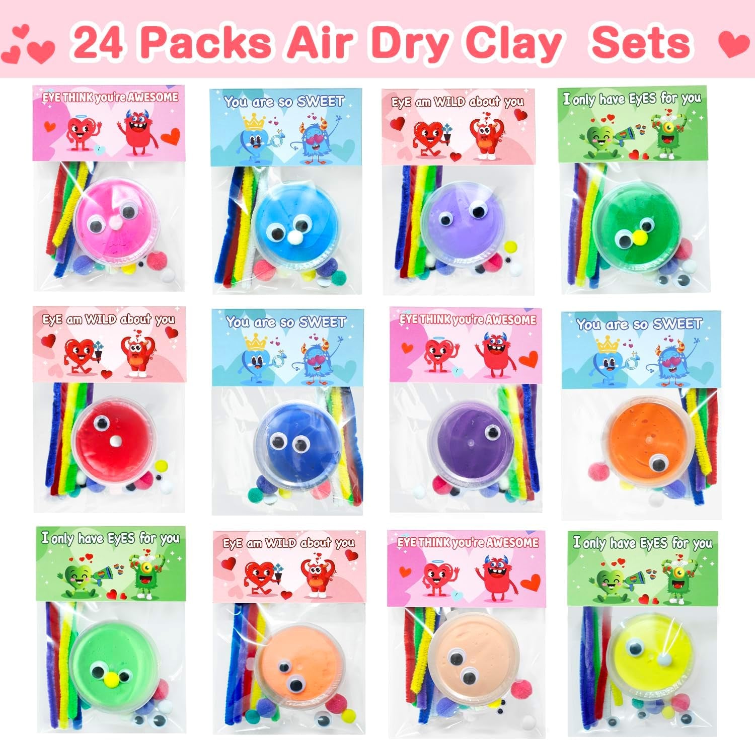 24 Packs Valentines Day Cards for Kids Classroom with DIY Air Dry Clay Kit,Valentines Day Gifts for Kids School Valentine Exchange Presents Party Favors