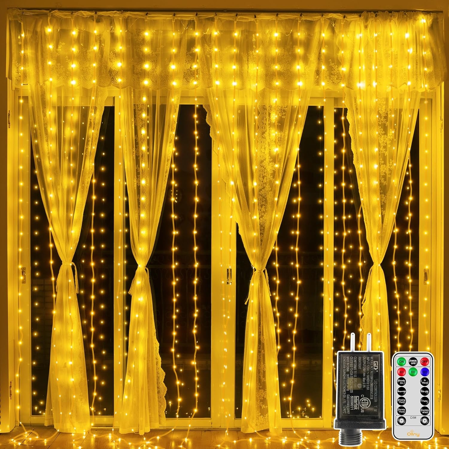 Curtain Lights 300LED 9.8Ftx9.8Ft, Connectable IP67 Waterproof Outdoor Curtain String Lights with Remote, Plug-In Untangle Fairy Lights with 8 Modes 3 Timers for Wall Backdrop Decor(Warm White)