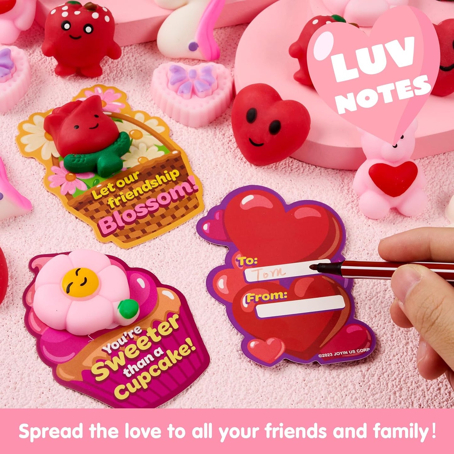 28 Packs Valentine’S Day Gift Cards with Mochi Toys, Stress Relief Fidget Toys, Cute Miniature Novelty Squeeze Toys for Kids Valentine'S Party Favors, School Exchange and Goody Bag Fillers