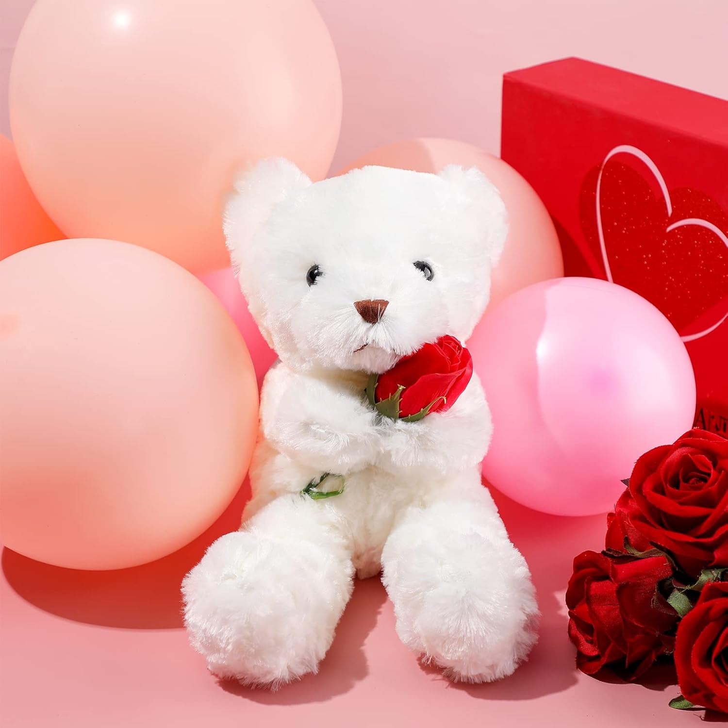 Valentine'S Day Plush Stuffed Animal Bear with Rose Funny Cute Stuffed Animal Plush Gifts for Girlfriend Valentine'S Day, 11.8 Inches(White)