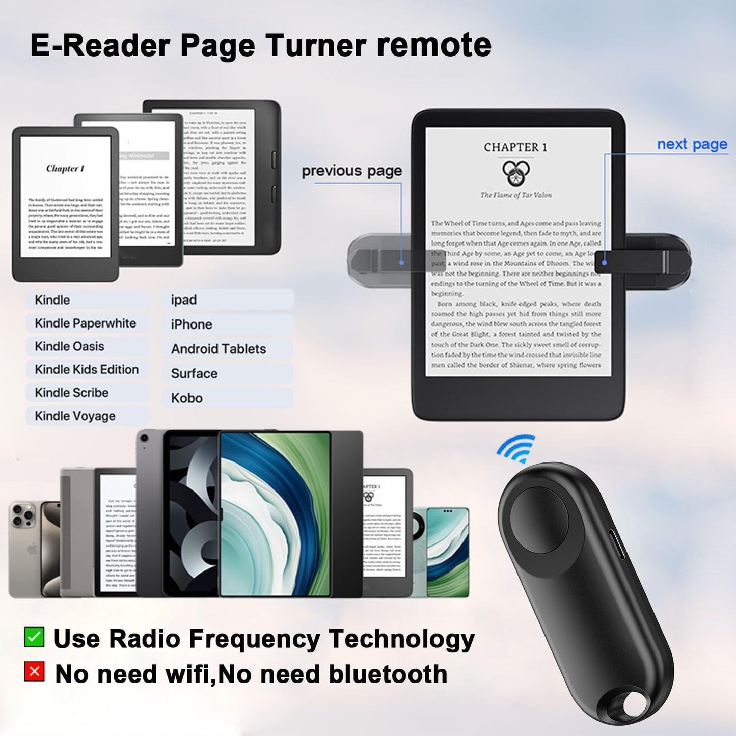 RF Remote Control Page Turner for Kindle Paperwhite Accessories Ipad Reading Kobo Surface Comics/Novels Tablets Android Taking Photos Camera Video Recording Remote Triggers