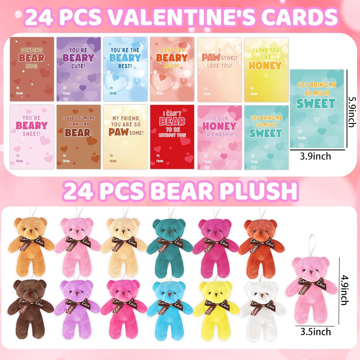 Valentines Day Gifts Cards for Kids, 24 Mini Stuffed Animal Plush Bears with Valentines Cards, Valentine Cards Gifts for Kids School Classroom Exchange, Valentines Day Gifts for Kids Girls