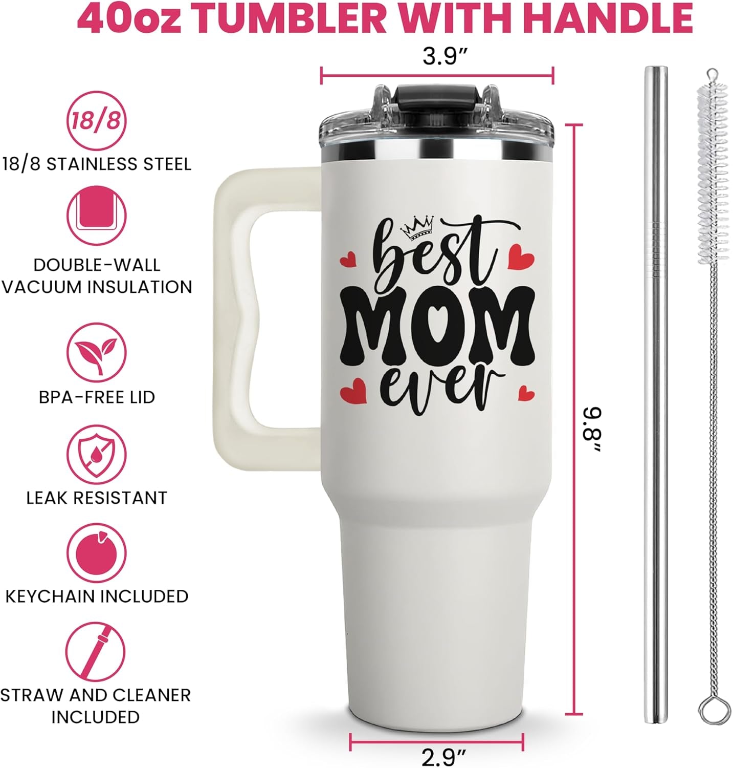 Valentine Gifts for Mom - Best Mom Ever Tumbler 40Oz - Insulated Coffee Cup with Handle and Straw - Mama Travel Cup - Birthday Presents for Mommy - Water Cup from Daughter - Mother'S Day Gift