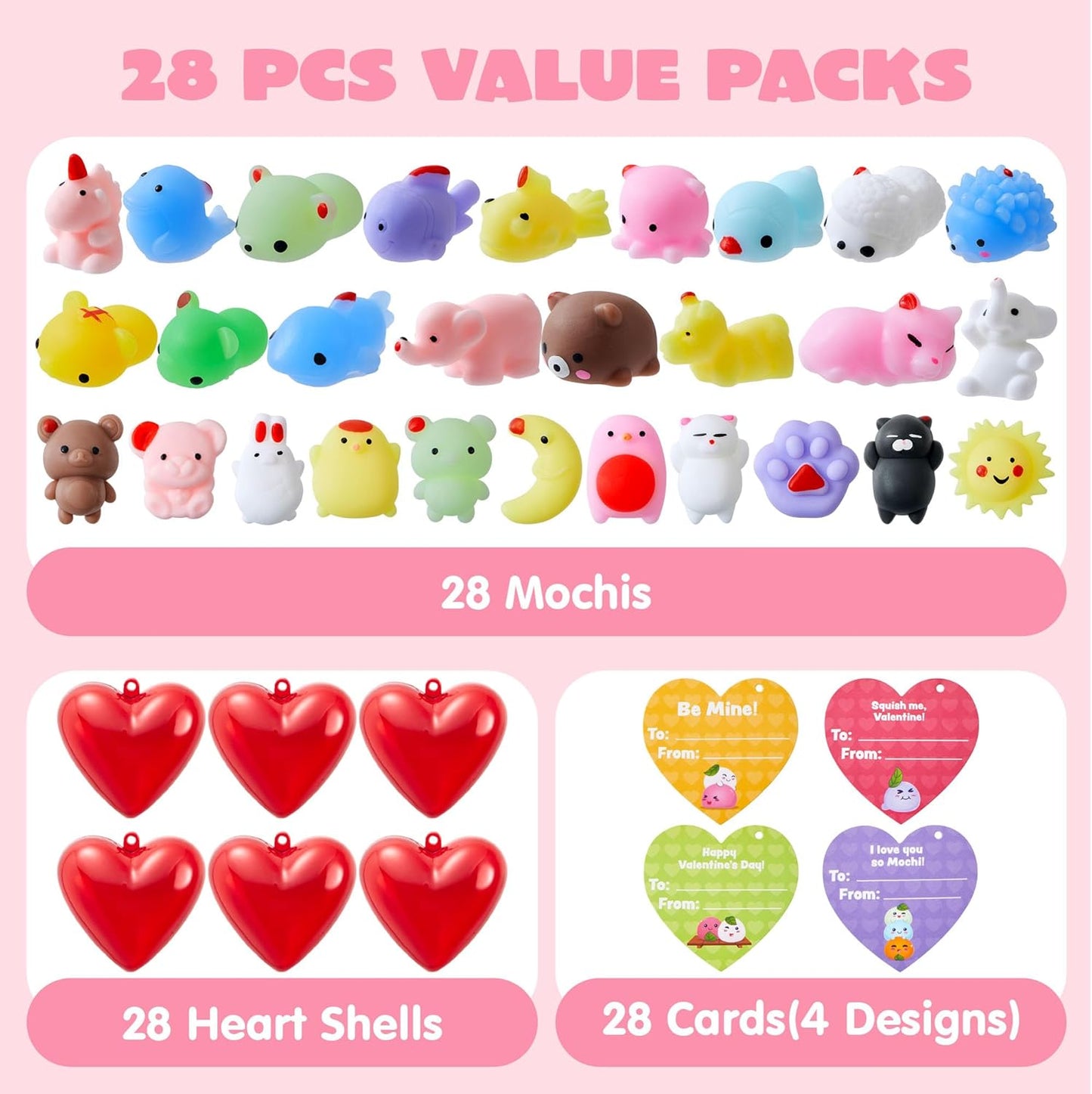 28 Packs Mochi Squishy Toys with Valentine Cards and Filled Hearts Party Favors for Kids Valentine Gifts Classroom Exchange, Kawaii Stress Relief Toys for Valentine Gift Exchange, Game Prizes