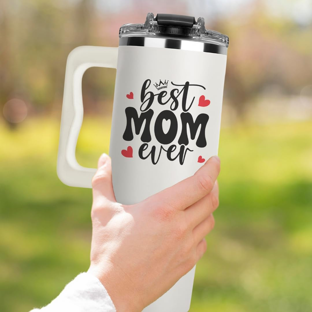 Valentine Gifts for Mom - Best Mom Ever Tumbler 40Oz - Insulated Coffee Cup with Handle and Straw - Mama Travel Cup - Birthday Presents for Mommy - Water Cup from Daughter - Mother'S Day Gift