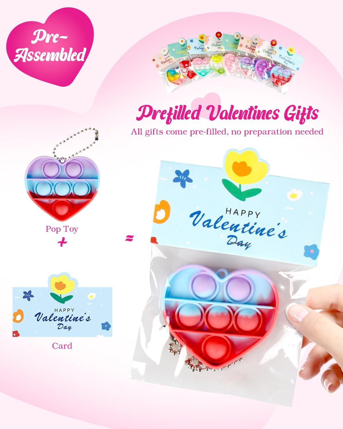 32 Pack Valentine'S Day Heart-Shaped Pop Fidget Toys for Kids, Classroom Bulk Gifts with Keychains & Cards, Perfect for School Party & Class Exchanges