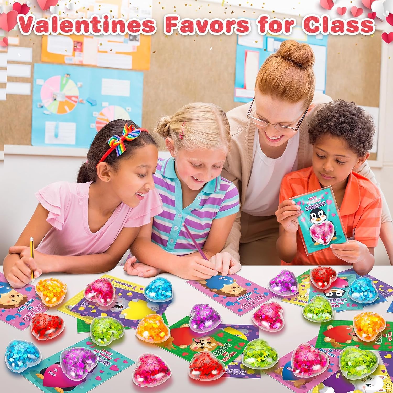 24 Pack Valentines Day Cards for Kids School, Valentines Heart Stress Balls with Greeting Cards for Kids, Valentines Day Gifts for Kids Classroom, Stress Relief Toys for Valentine'S Party Favor Prizes