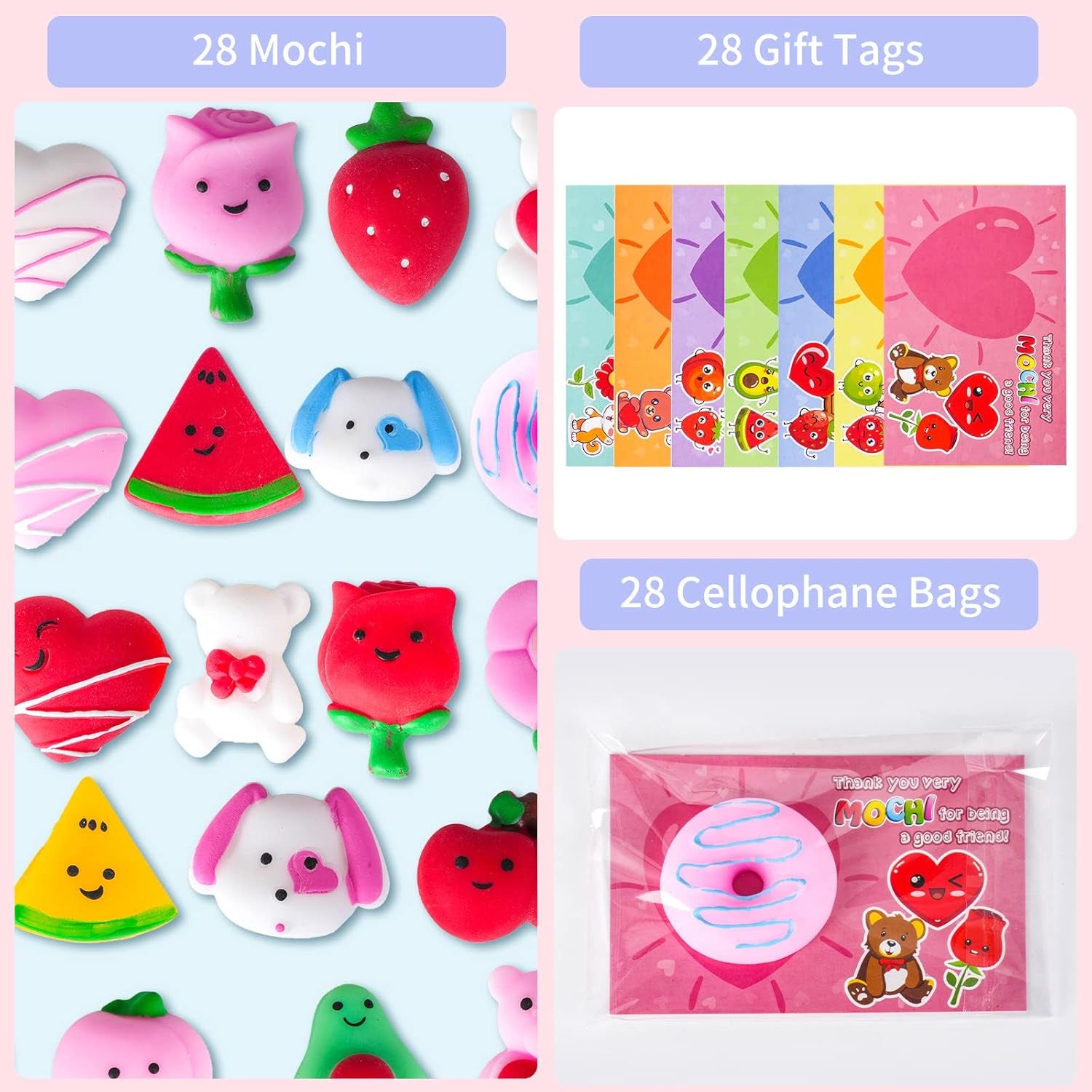 28 Packs Valentines Day Gift Cards with Cute Kawaii Mochi Squishy to Squeeze for Kids School Classroom Valentine’S Exchange Greeting Cards Party Favors