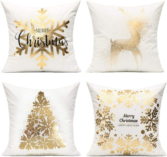 White Gold Christmas Decorations Throw Pillow Covers 18X18 Set of 4 Winter Xmas Navidad Home Holiday Décor Velvet Cushion Cases for Sofa Tree Snowflake Reindeer