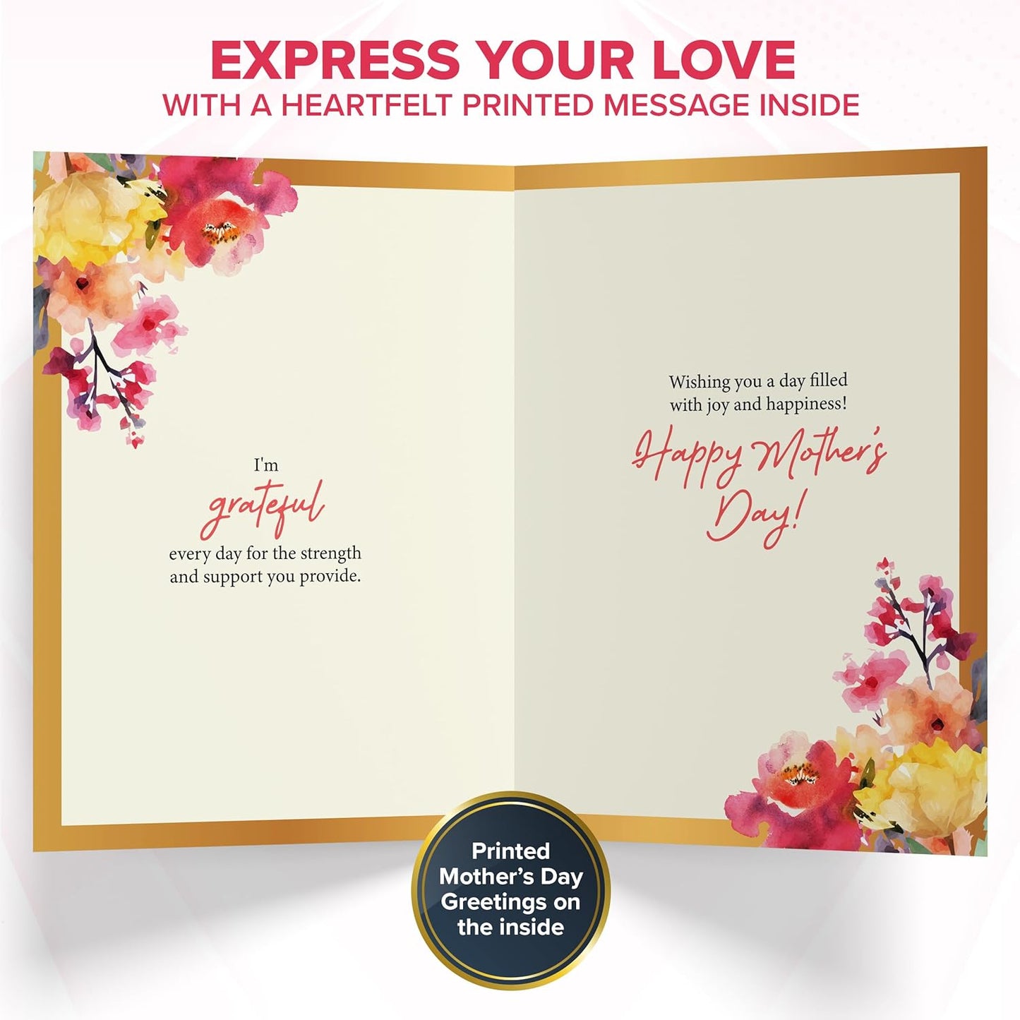 Gold Foiled and Textured 5X8In Individual Happy Mothers Day Card Set with Ribbon and Floral Designs, Card Set with Envelope and Stickers, with Printed Message Inside