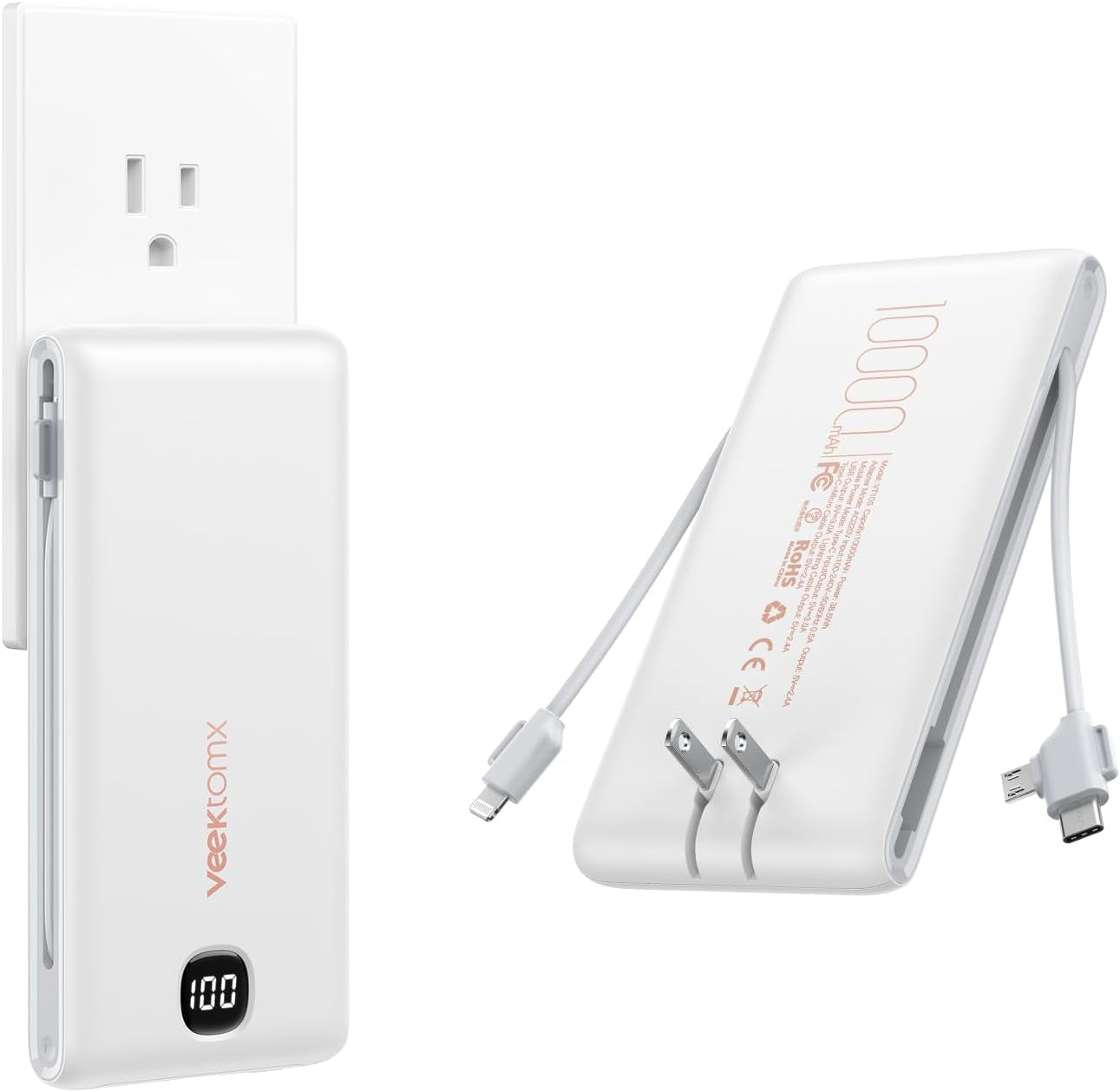 Portable Charger with Built in Cables 10000Mah, Power Bank for Iphone with Wall Plug, Travel Essential Fast Charging USB C Slim External Battery Pack for Iphone16/15/14, Samsung, Ipad, Etc