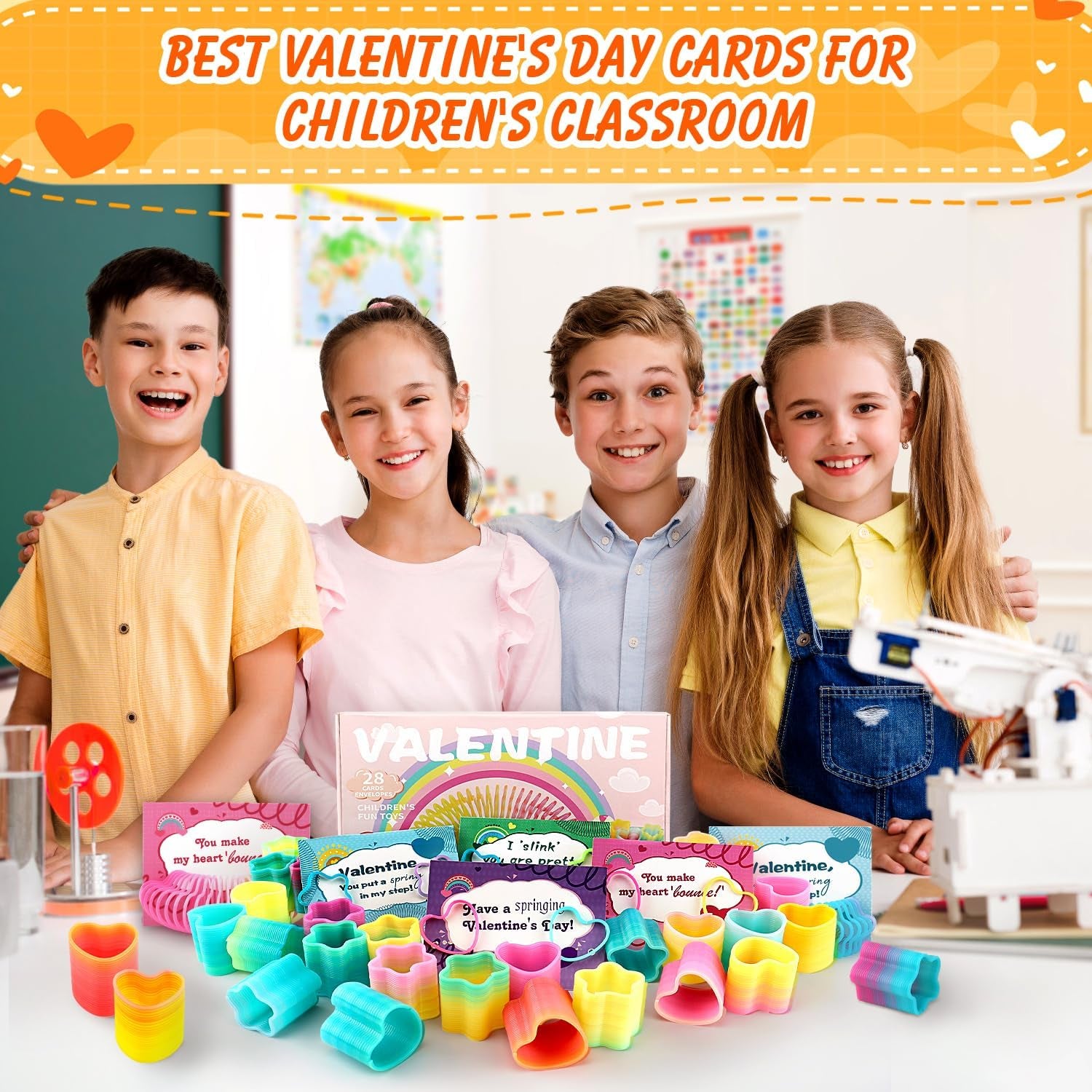 28 PCS Valentines Day Cards for Kids School - Rainbow Springs Toy for Boys Girls, Ideal Gifts Exchange Cards for Classroom