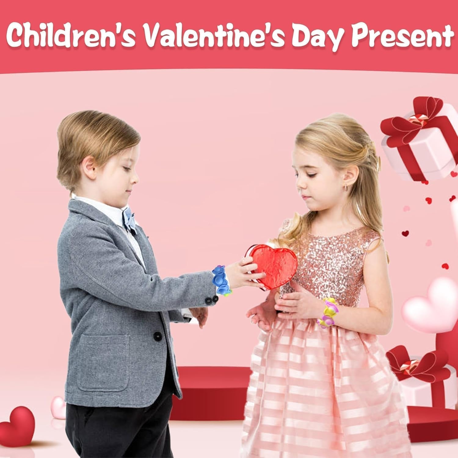 30 Pcs Valentine'S Day Pop Bracelets Toys with Cards Heart Pop Bracelets Bubble for Kids School Classroom Prizes, Valentine'S School Class Exchange Cards and Kids Party Favors