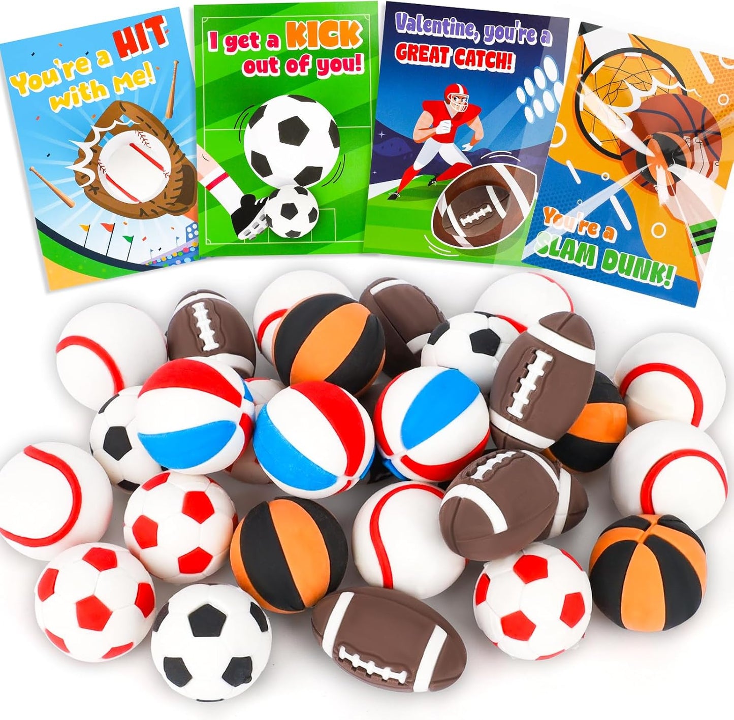 28Pack Valentines Day Cards for Kids School with Mini Sports Ball Erasers Valentines Day Gifts for Kids Classroom Exchange Boys Valentines Toys Party Favor Bulk Class Prizes Goodie Bags Stuffers