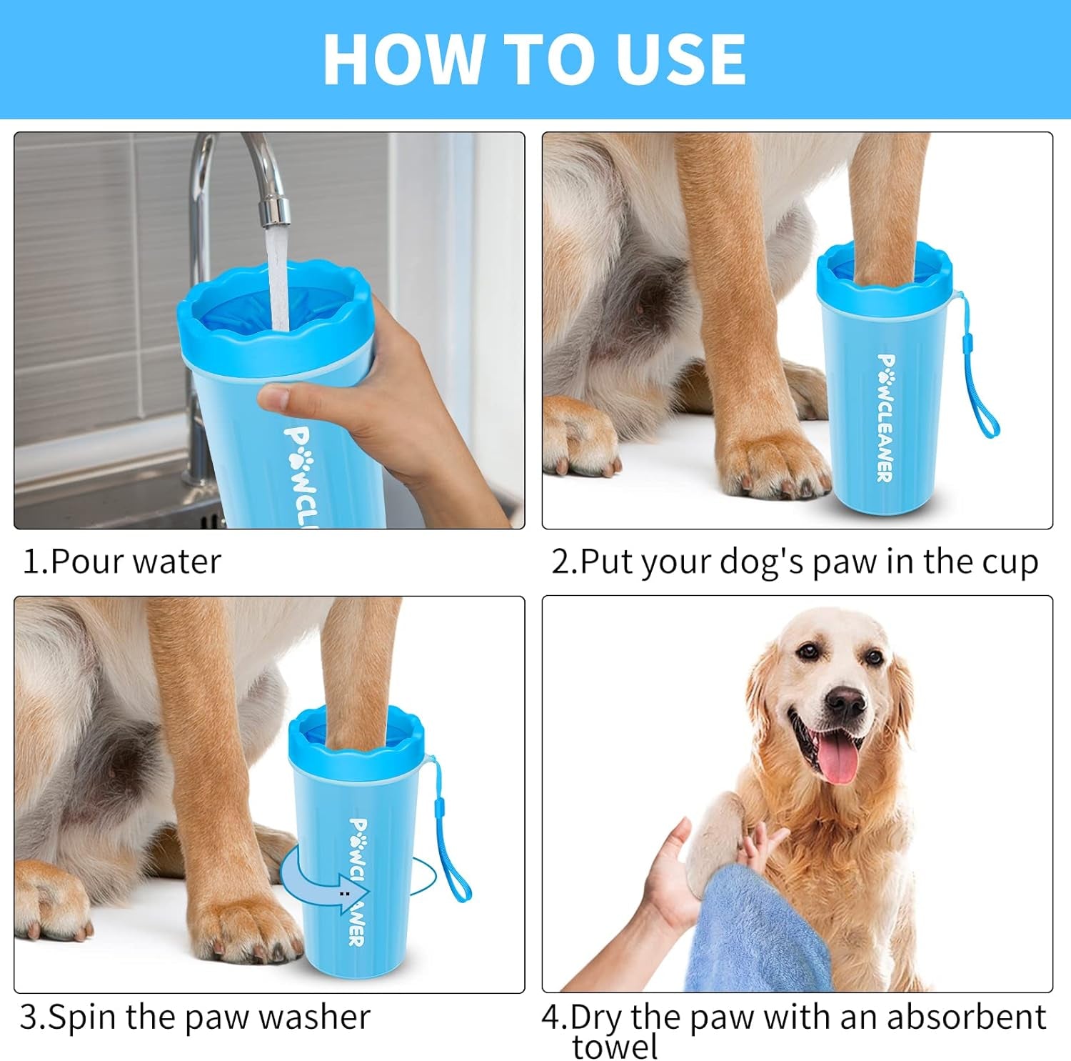 Dog Paw Cleaner with Bath Brush & Absorbent Towels - Adjustable Ring Handle for Long and Short-Haired Dogs (Large, Blue)