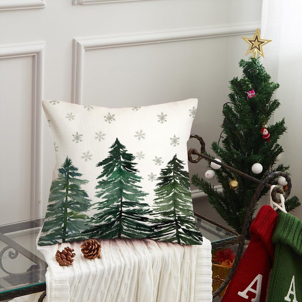 Christmas Pillow Cover 18X18 Inch Christmas Trees Snowflake Decorations Winter Pillow Case Decor for Home Sofa Couch（Green） AA038-18