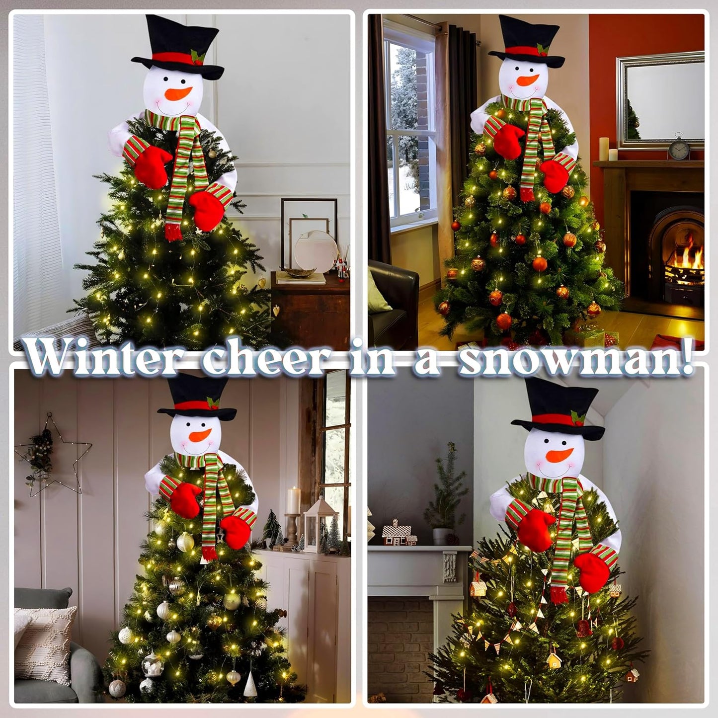 Christmas Tree Topper Snowman Hugger with Lights Strips - Xmas Holiday Winter Wonderland Party Decoration Ornament Supplies