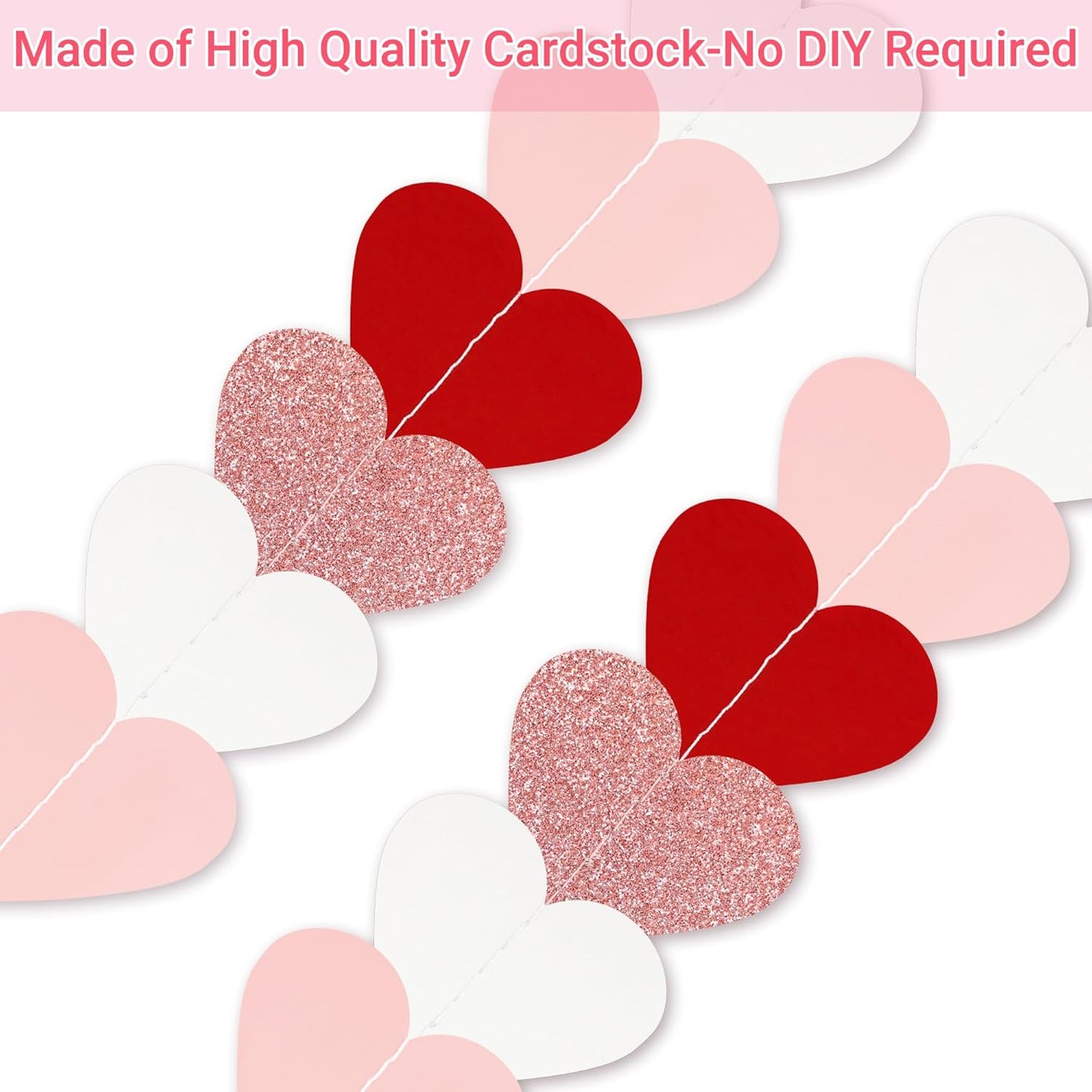 Valentines Decorations Red Pink White Rose Gold Glitter Heart Garland Strings - 8 Packs Paper Heart Garland Banner for Valentine'S Day Mothers Day Wedding Birthday Bridal Shower Home Hanging Decor