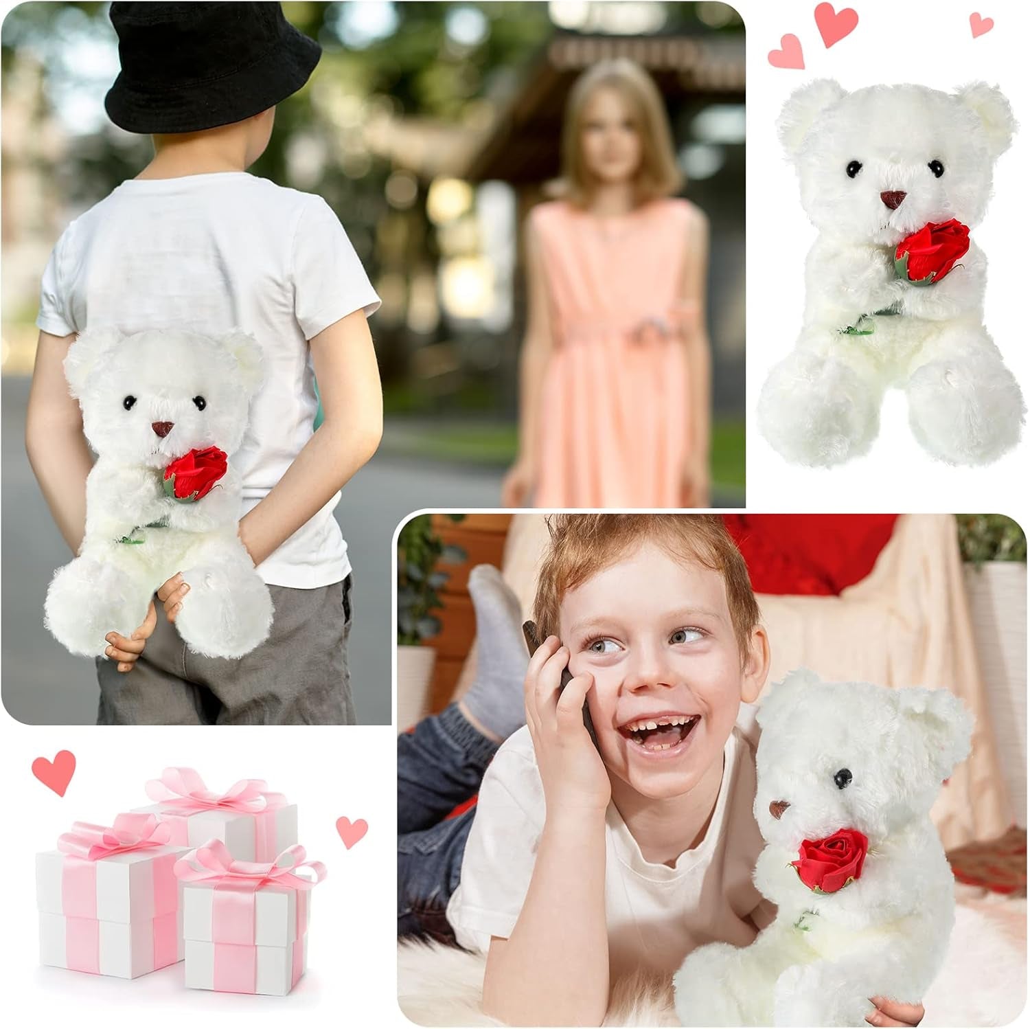 Valentine'S Day Plush Stuffed Animal Bear with Rose Funny Cute Stuffed Animal Plush Gifts for Girlfriend Valentine'S Day, 11.8 Inches(White)