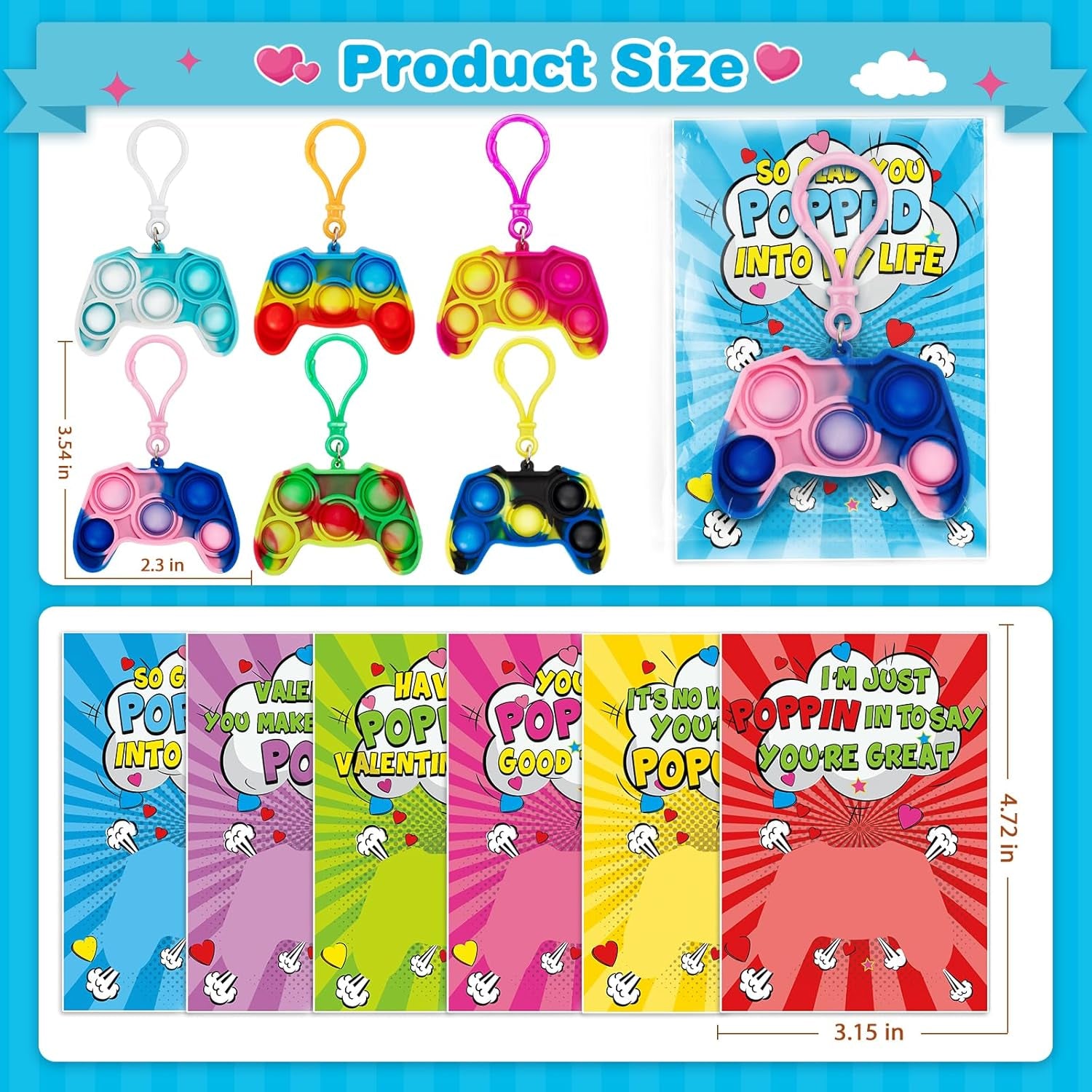 Valentines Cards for Kids Classroom, 24 Packs Game Shape Pop Fidget Keychains Bulk, Class Valentines Gifts for Kids, School Exchange Prizes & Party Favors for Boys Girls