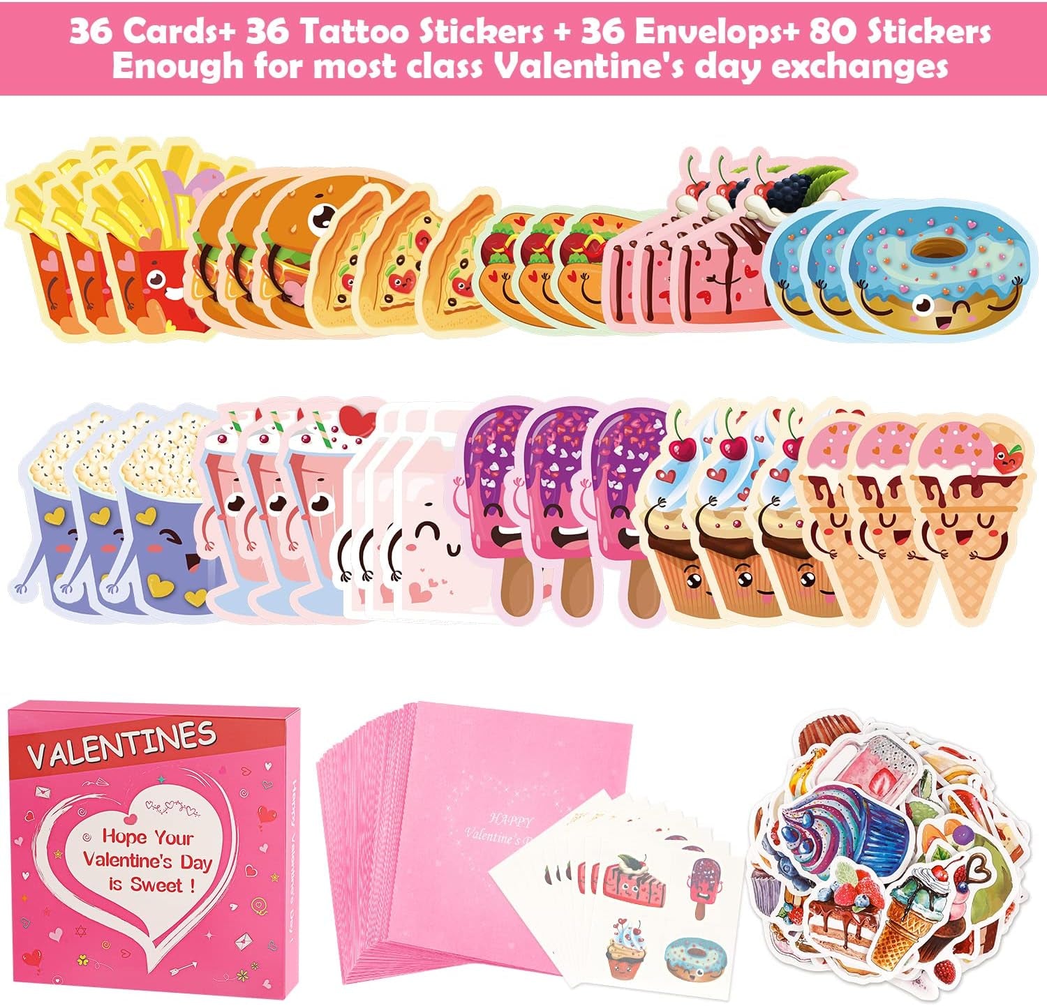 Valentines Day Cards for Kids, 36 Pack Kids Valentines Day Cards with Cute Temporary Tattoos, Pink Envelopes & 80PCS Stickers, Valentines Cards for Classroom Exchange