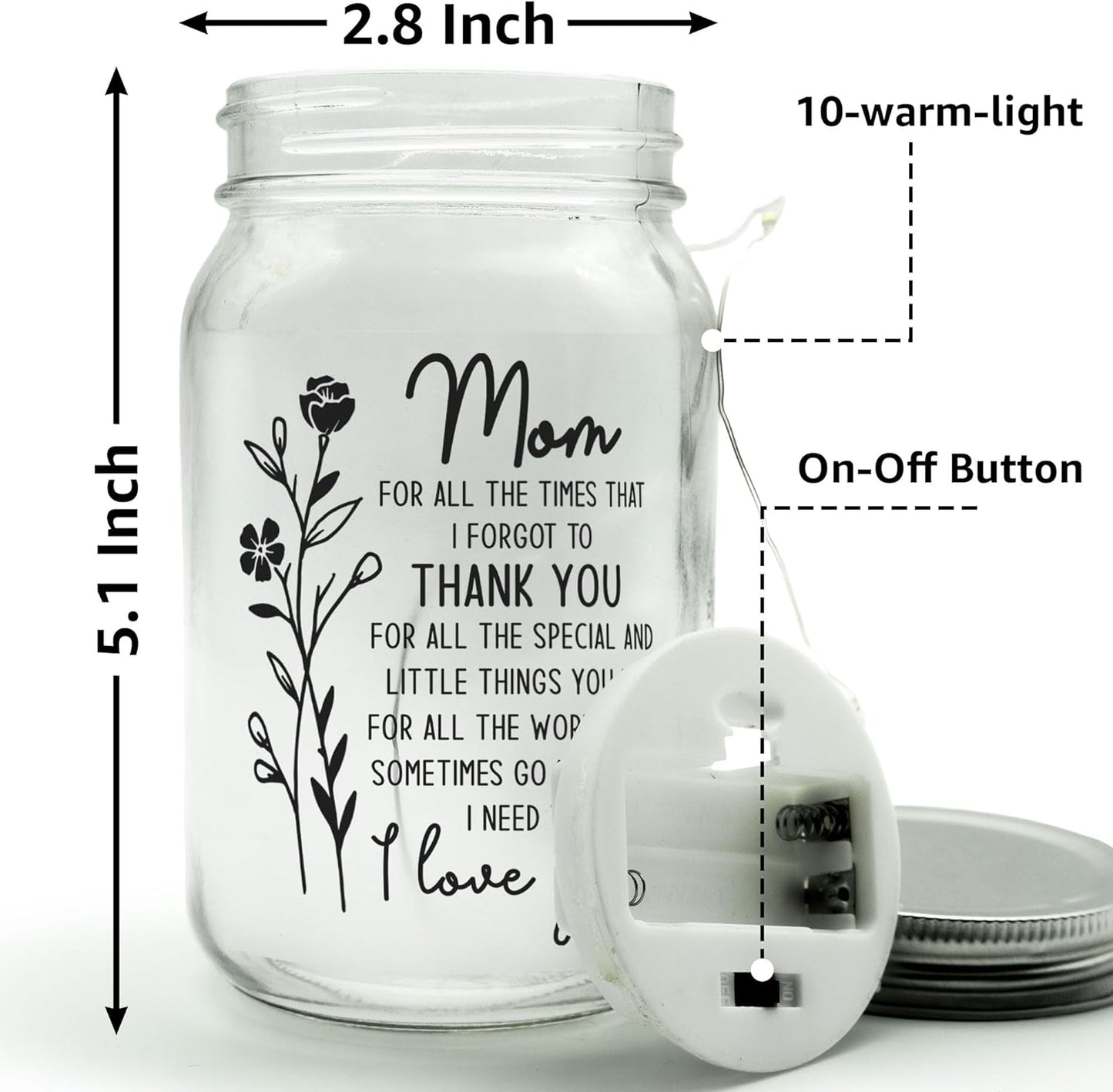 Mason Jar Night Light Mothers Day Gifts for Mom from Daughter, Son, Kids - Birthday Gifts for Mom, Mama - Sentimental Best Mom Gifts - Home Decoration Night