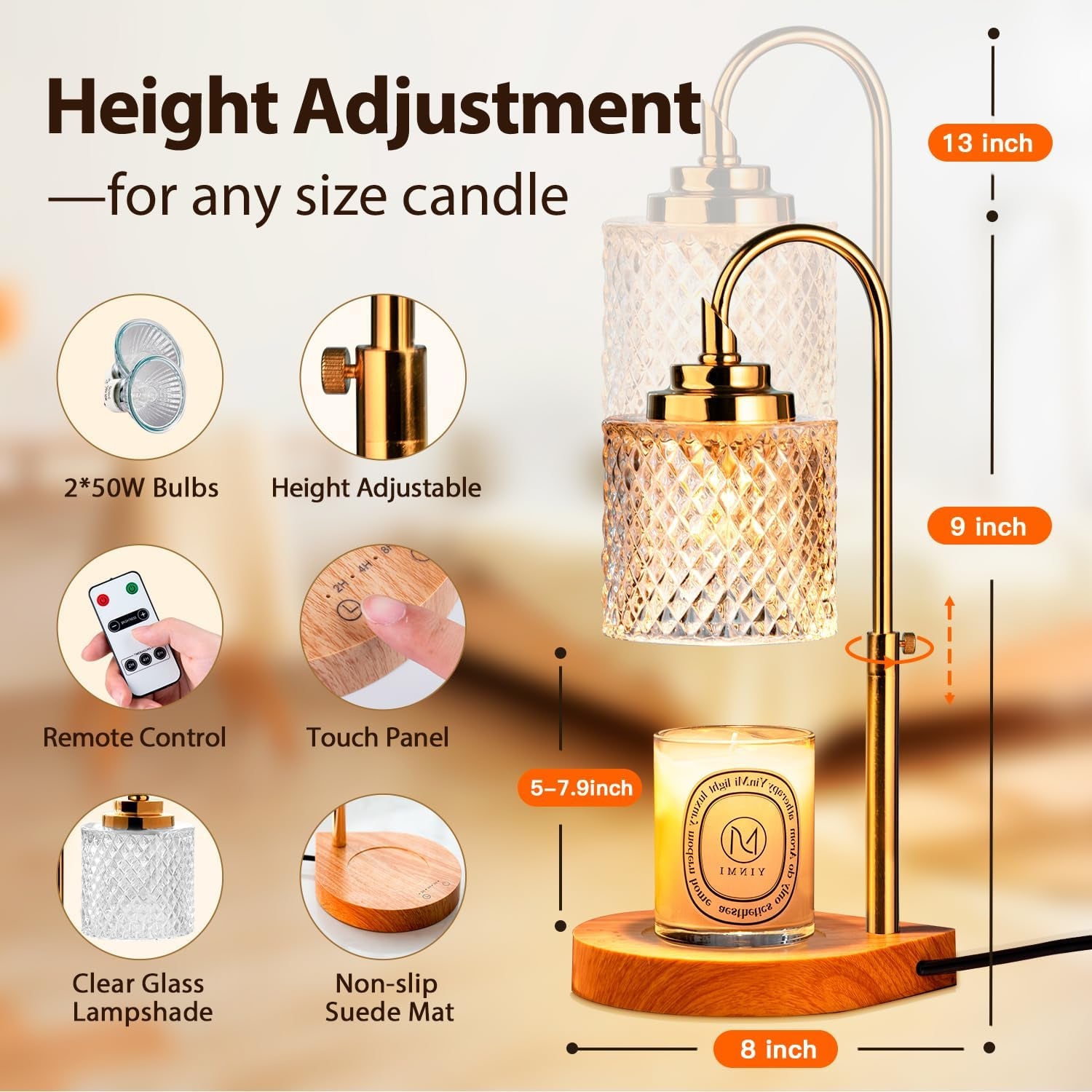 Candle Warmer Lamp, Remote Control & Touch Panel, Latest Upgraded Candle Lamp Warmer with 2-4-8H Timing, 4-Level Dimming, Height Adjustable, 2 Bulbs for Home Decor for Mom