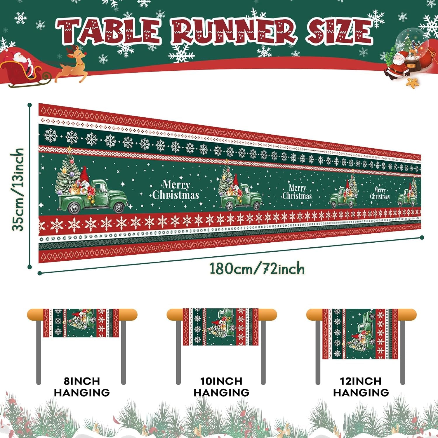 Christmas Table Runner, Red Green Truck Snowflake Santa Claus Christmas Runner for Table, Christmas Table Runners 72 Inch Long Xmas Kitchen Dining Table Decorations for Home Winter Party Decor