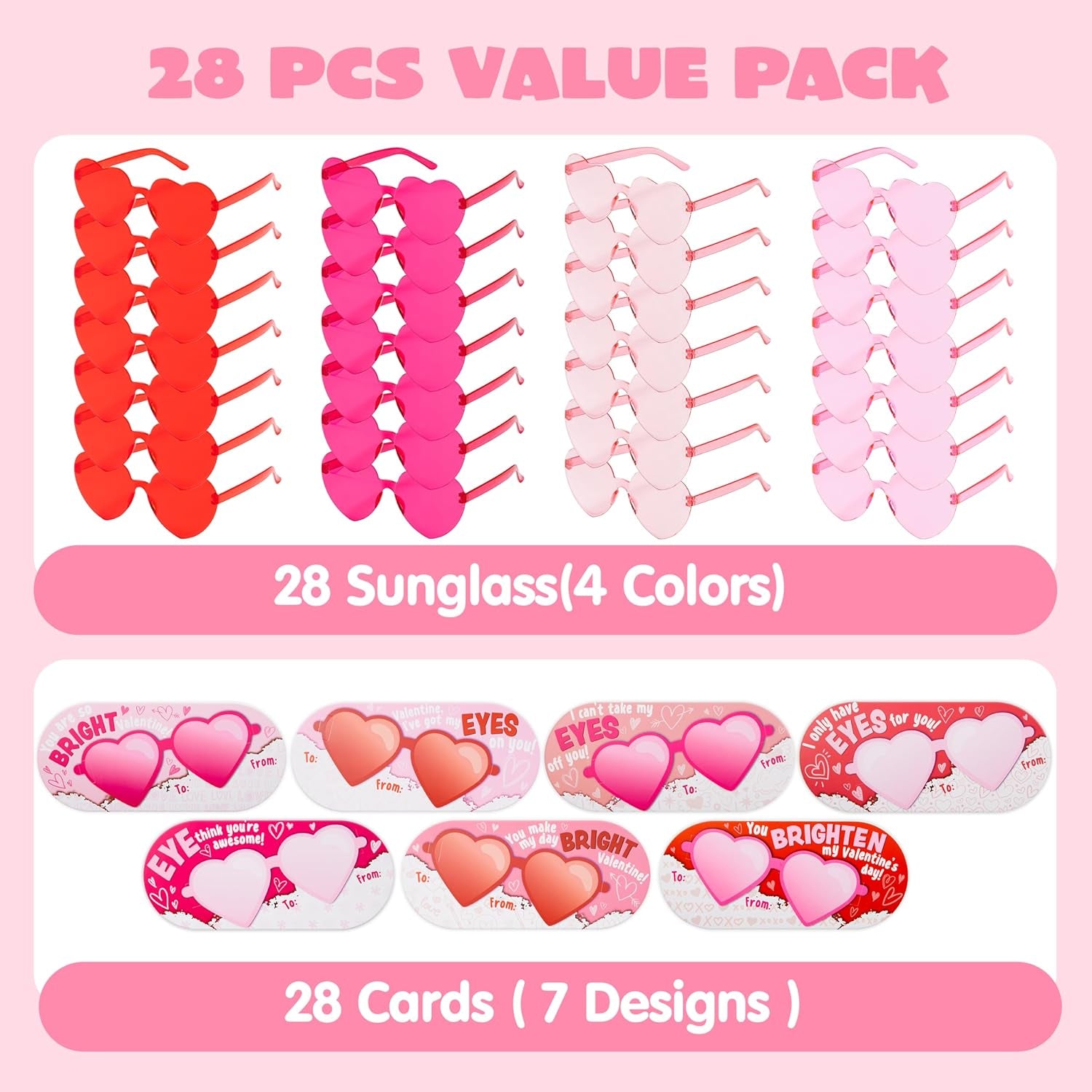 28 Packs Valentine'S Day Heart Shaped Sunglasses with Cards, Classroom Exchange Gift for Kids, Classroom Holiday Prizes, Stylish Eyewear in Vibrant Colors, Heart Shaped Glasses Party Favors