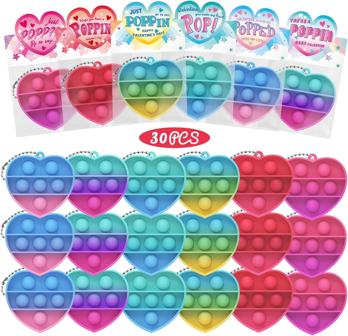 Valentines Day Gift Cards for Kids: 30 Packs Heart Pop Fidget Toys Bulk, Mini Pop Squeeze Toys Stress Relief Fidget Toys for Classroom School Party Favors Exchange Gifts Toddlers Girls Boys Ages 3+