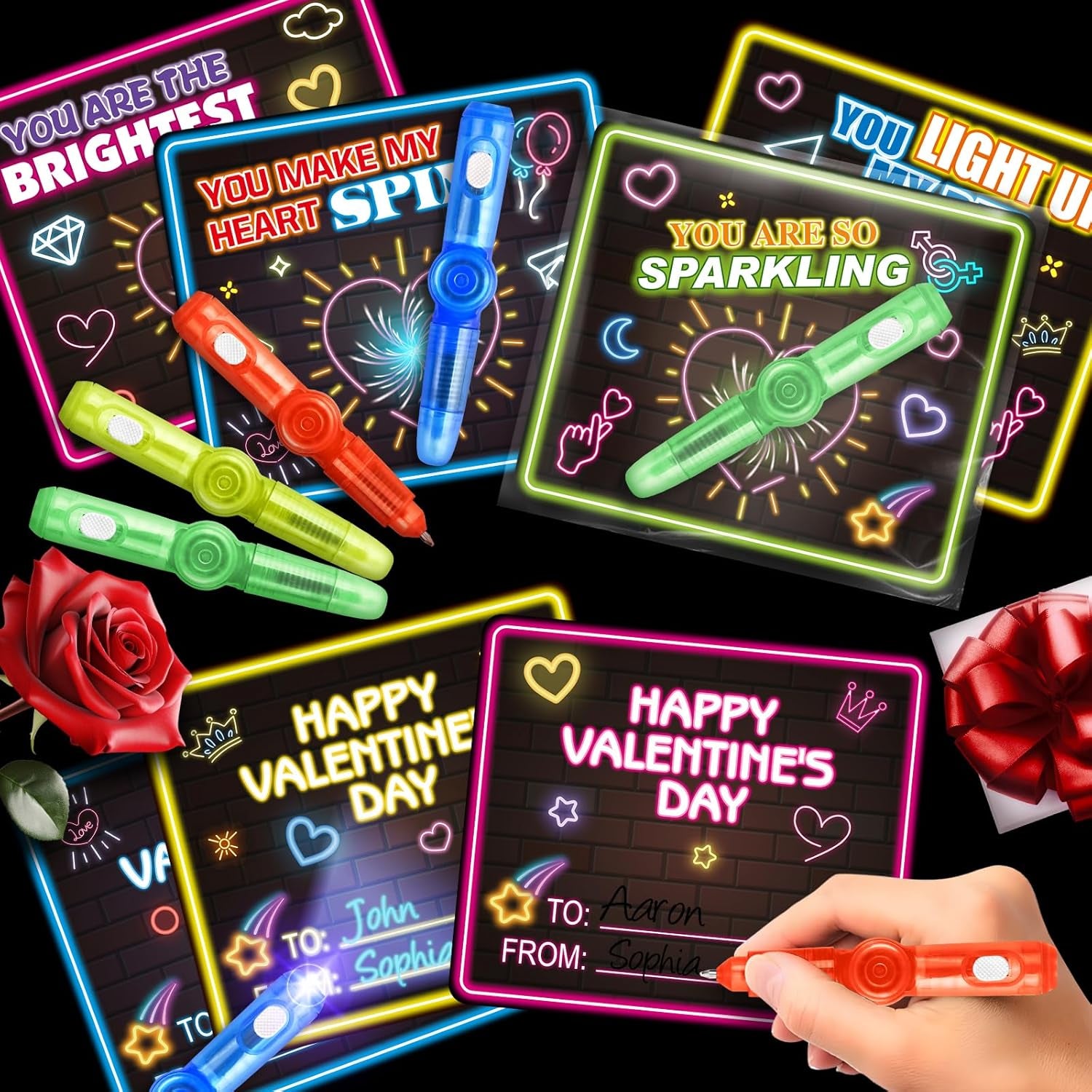 24 Pack Valentines Day Cards for Kids, 24 Light up Spinning Toy Pens for Valentines Gifts Exchange, Valentine School Classroom Favors for Kids Boys Girls, Valentines Cards for Kids