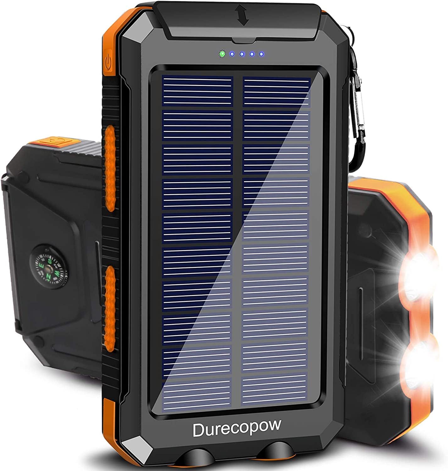 Solar Charger, 20000Mah Portable Outdoor Waterproof Solar Power Bank, Camping External Backup Battery Pack Dual 5V USB Ports Output, 2 Led Light Flashlight with Compass (Orange)