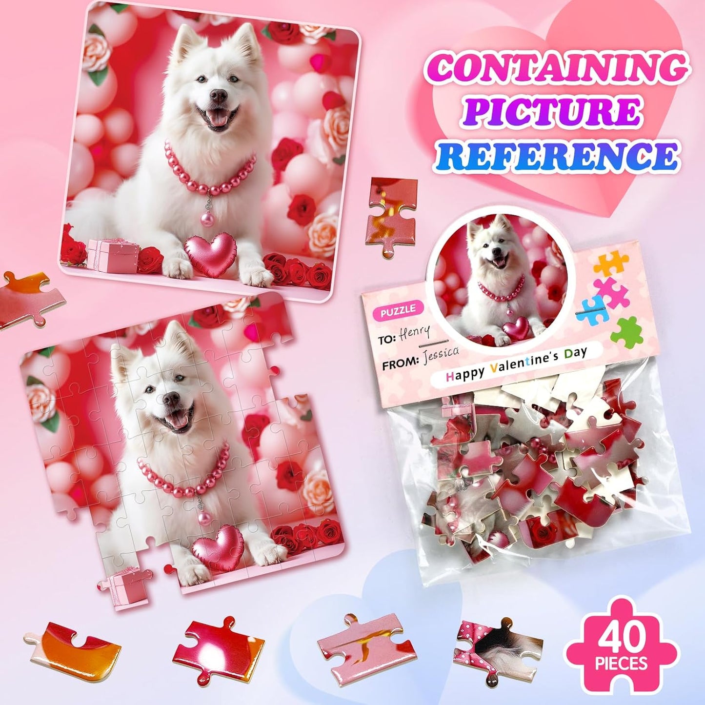 24 Packs Valentine Day Gifts for Kids with Cards Dogs Jigsaw Puzzles Goodies Bags Classroom Gifts Exchange for Boys and Girls