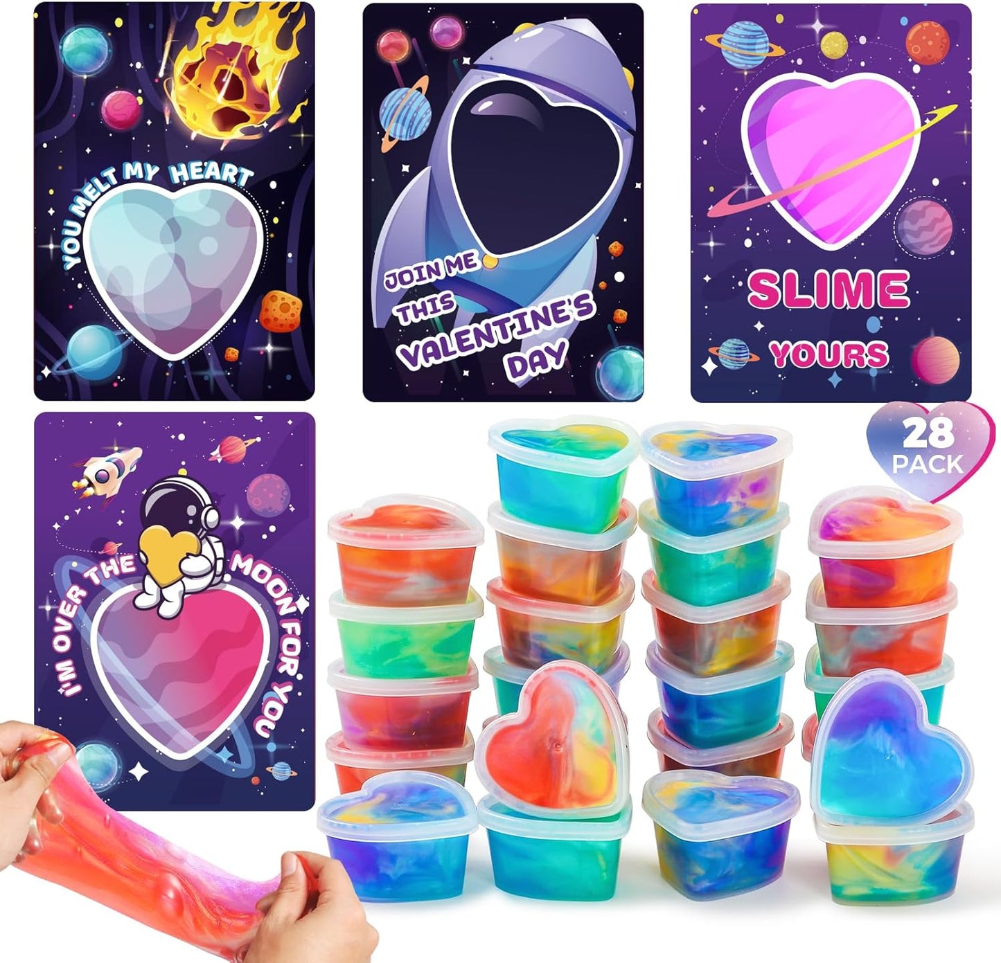 28PCS Kids Valentines Day Cards for Kids Classroom School Exchange, Valentines Cards with Slime Bulk, Valentine Cards Gifts for Kids Classroom School, Valentines Day Gifts for Kids